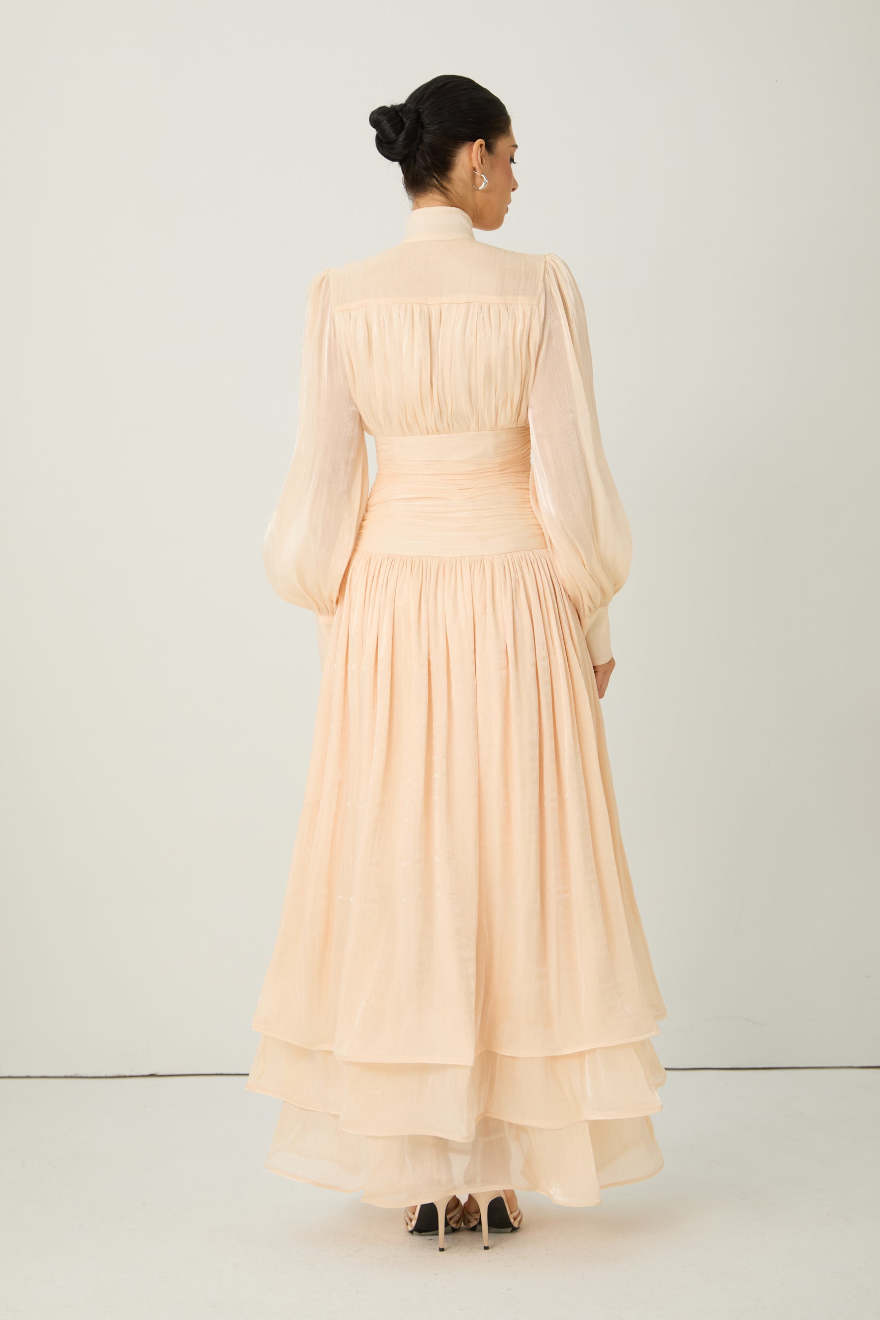 Divine Beauty Apricot High Neck Pleated Maxi Dress