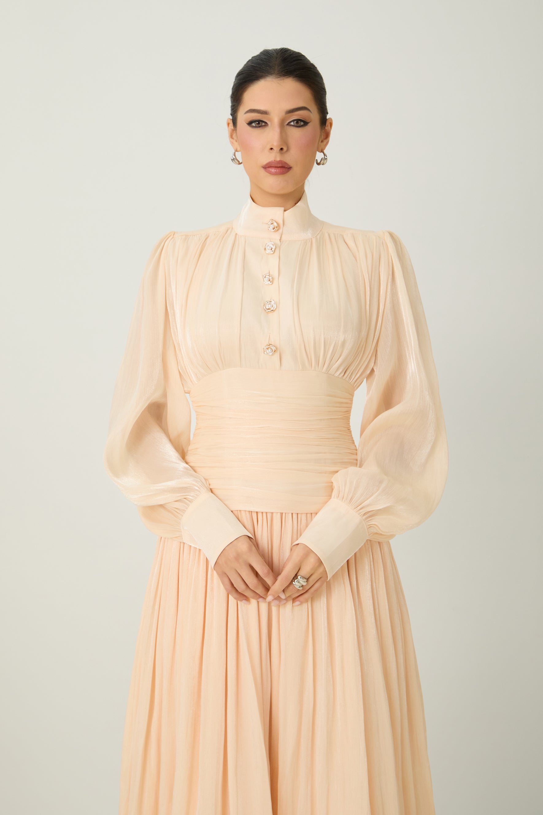 Divine Beauty Apricot High Neck Pleated Maxi Dress