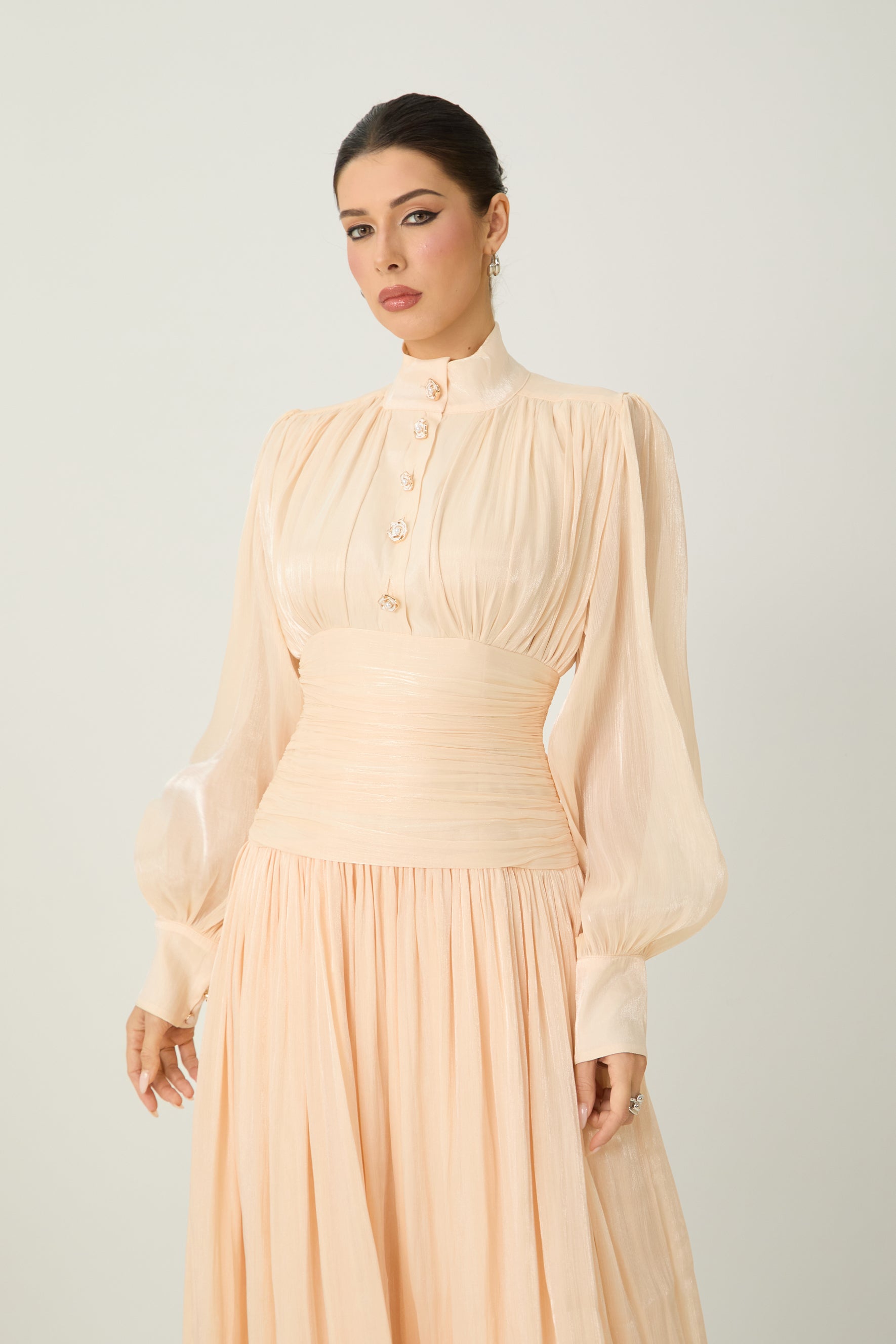 Divine Beauty Apricot High Neck Pleated Maxi Dress