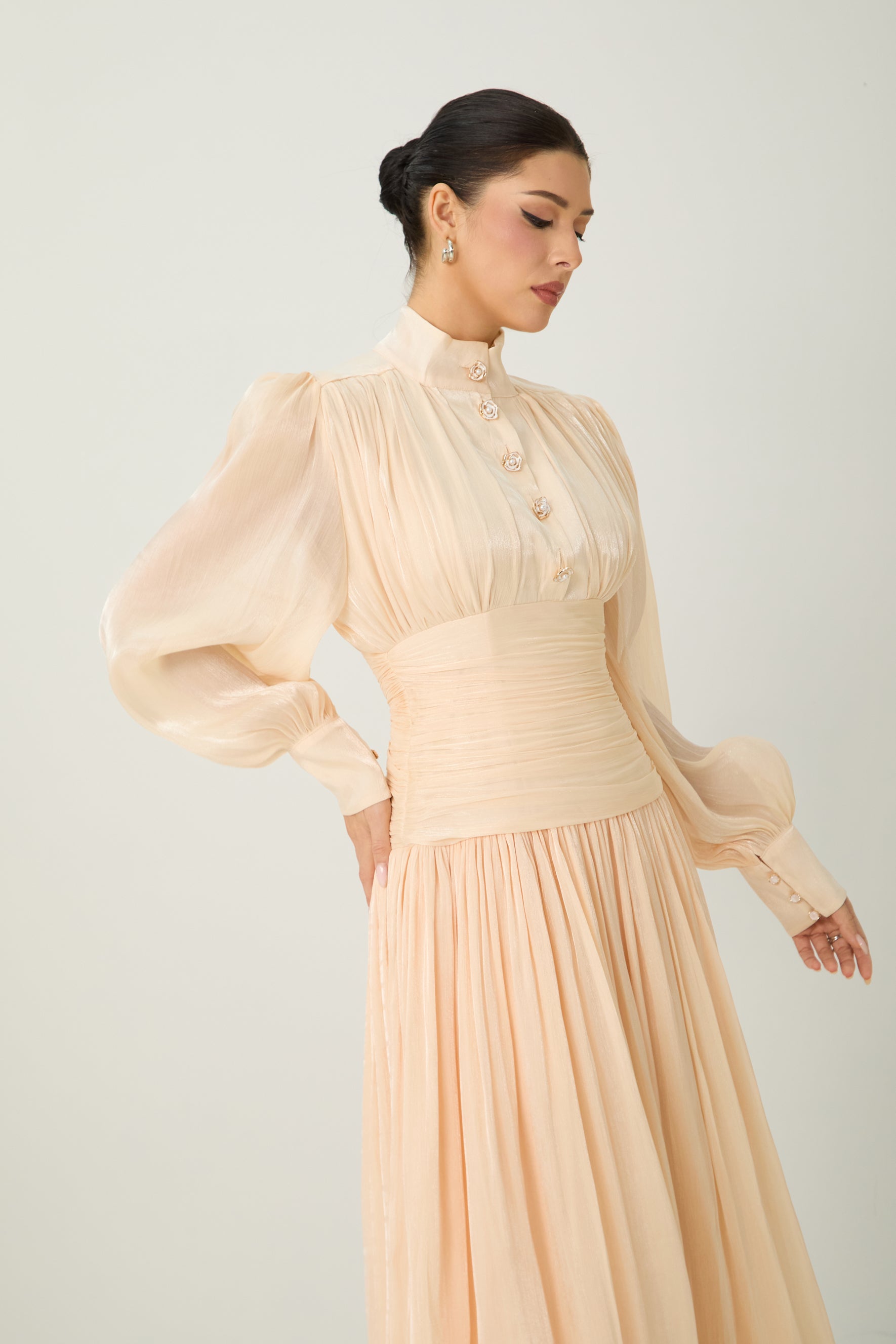 Divine Beauty Apricot High Neck Pleated Maxi Dress