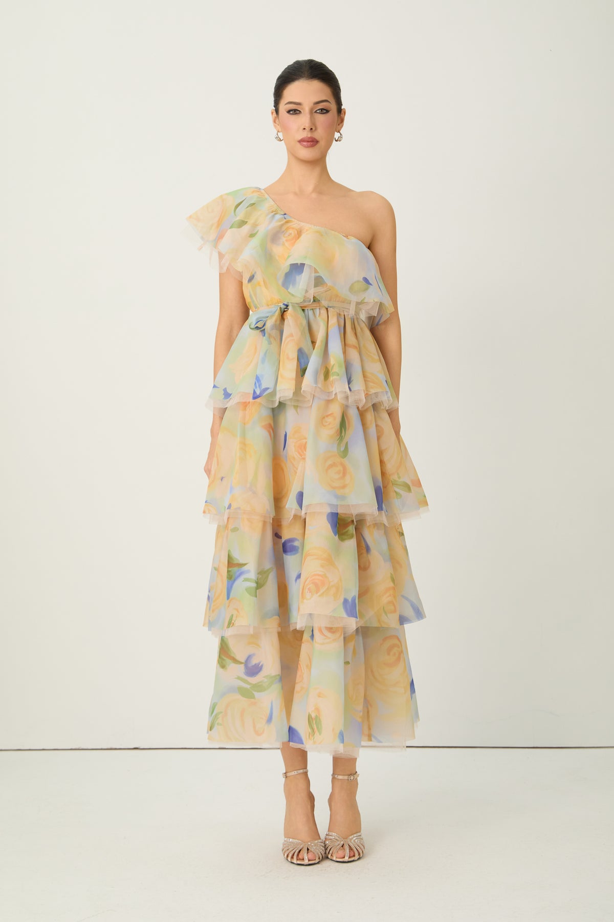 Favorite Icon Yellow Floral Print One Shoulder Maxi Dress