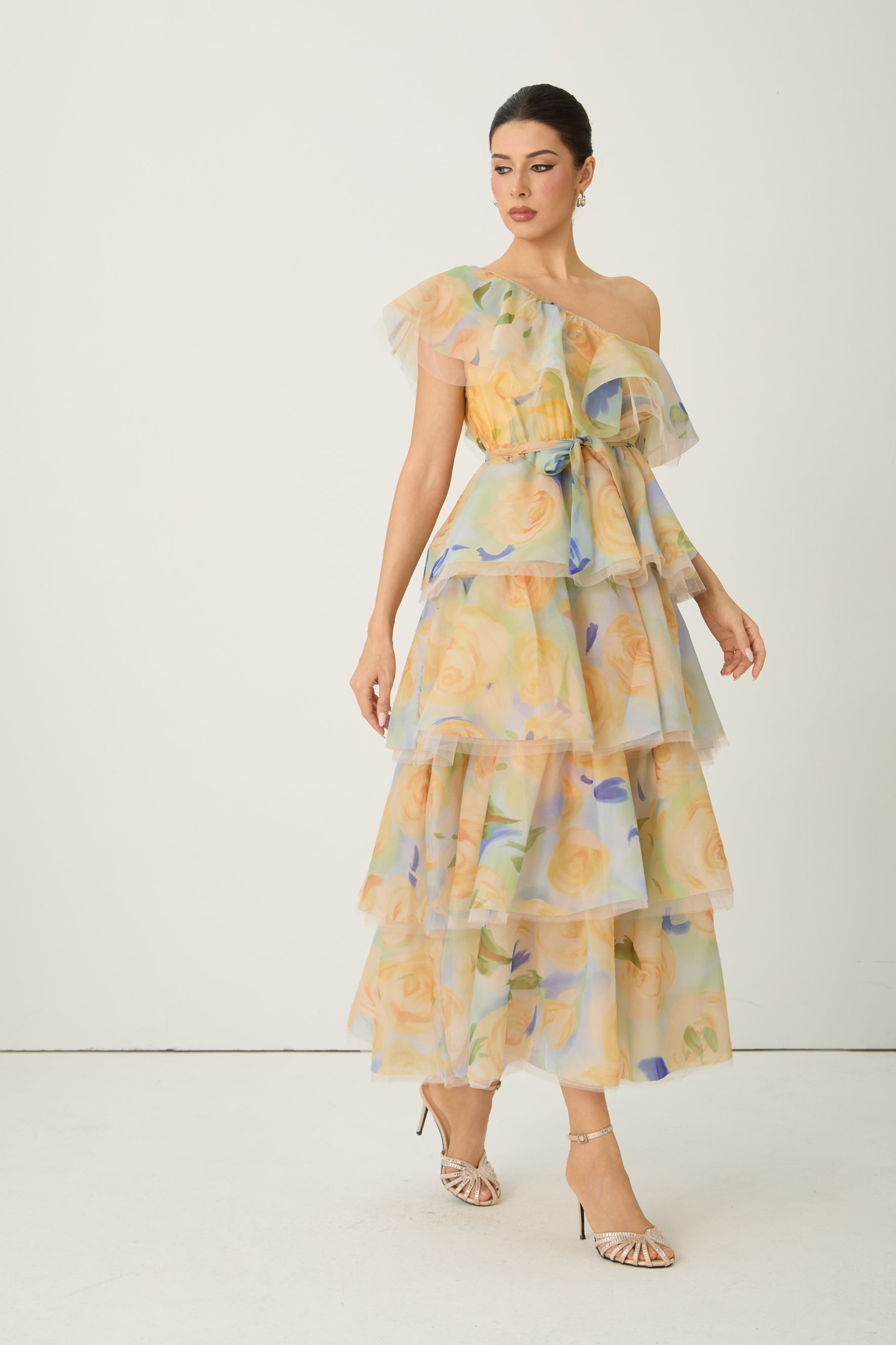 Favorite Icon Yellow Floral Print One Shoulder Maxi Dress
