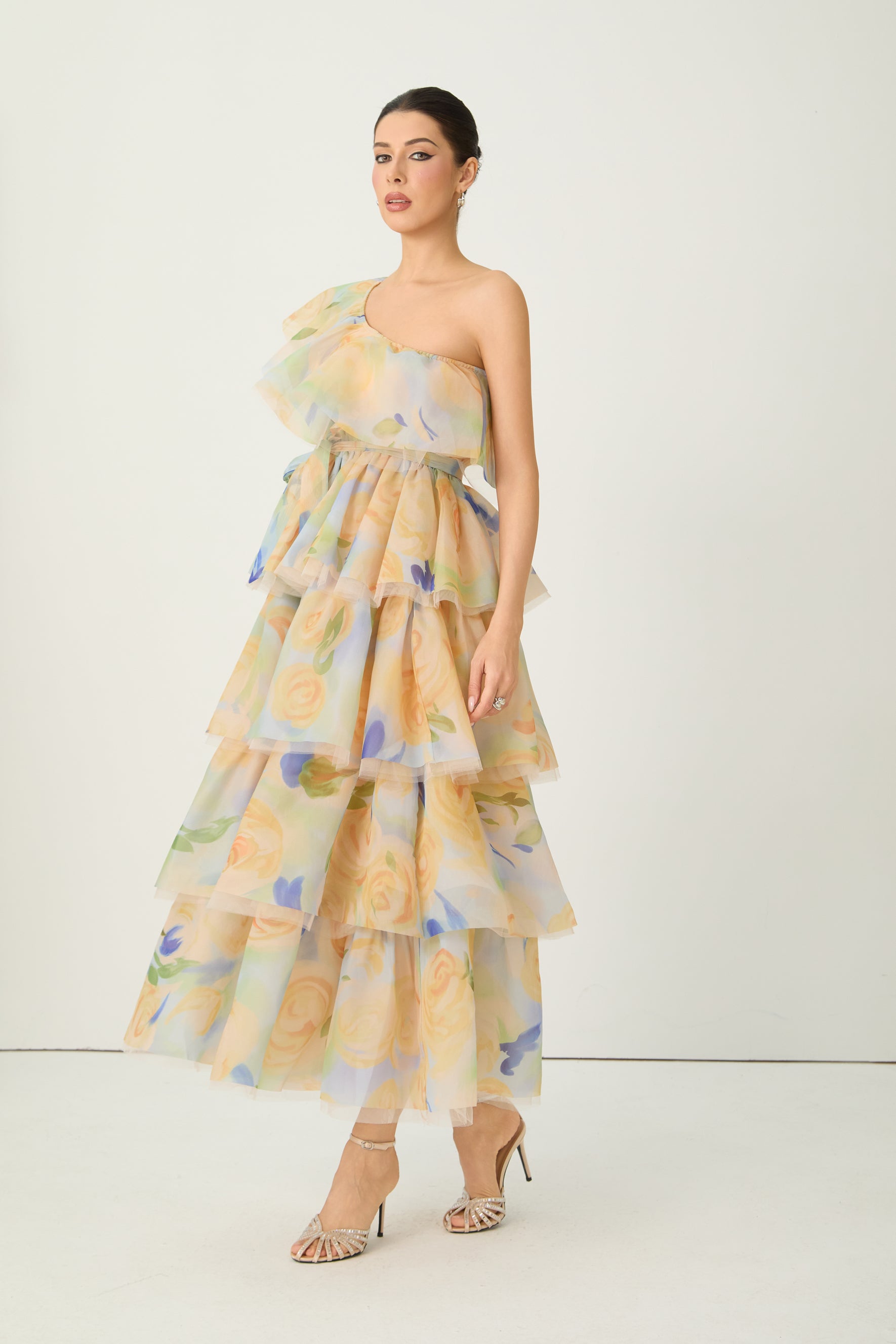Favorite Icon Yellow Floral Print One Shoulder Maxi Dress