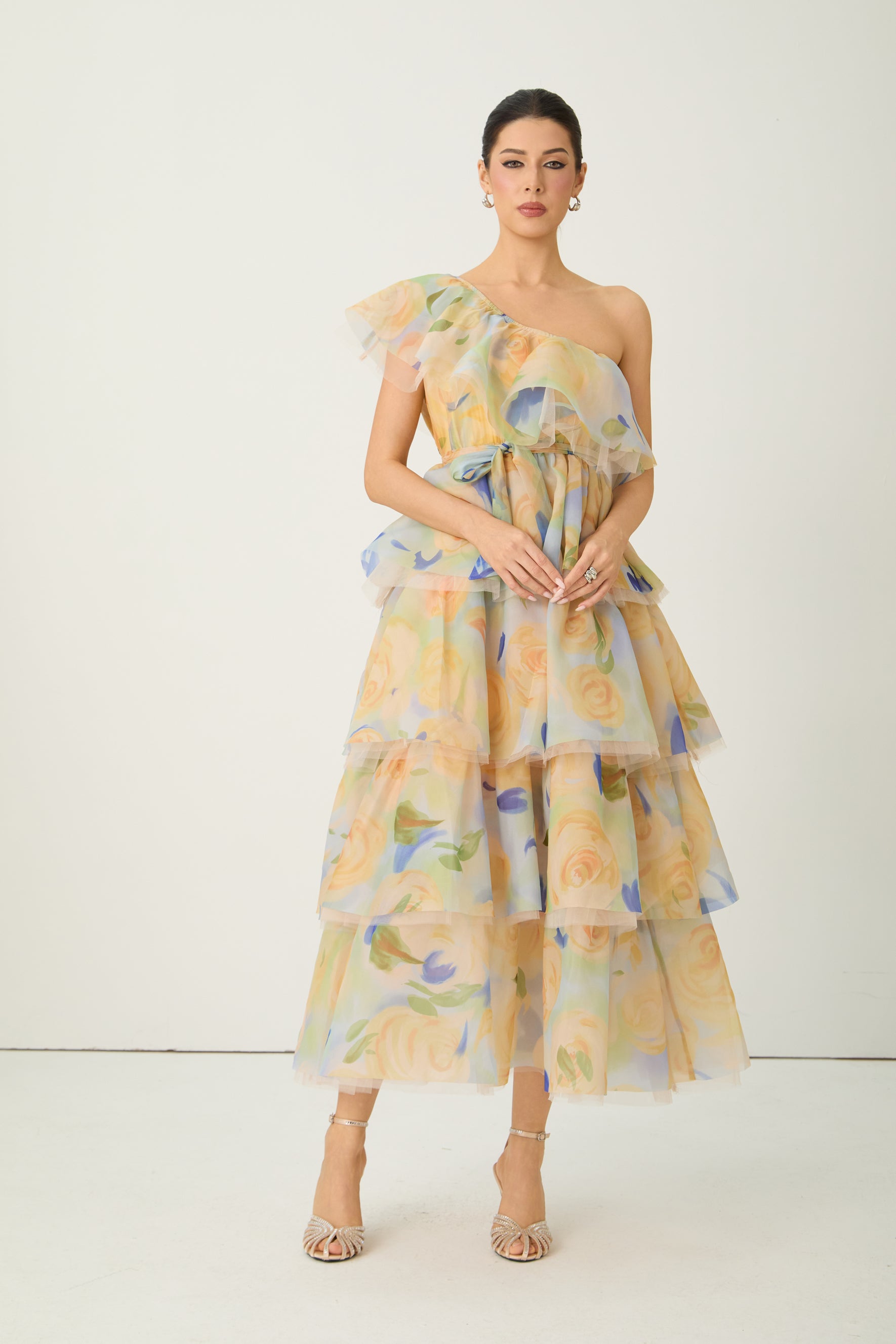 Favorite Icon Yellow Floral Print One Shoulder Maxi Dress