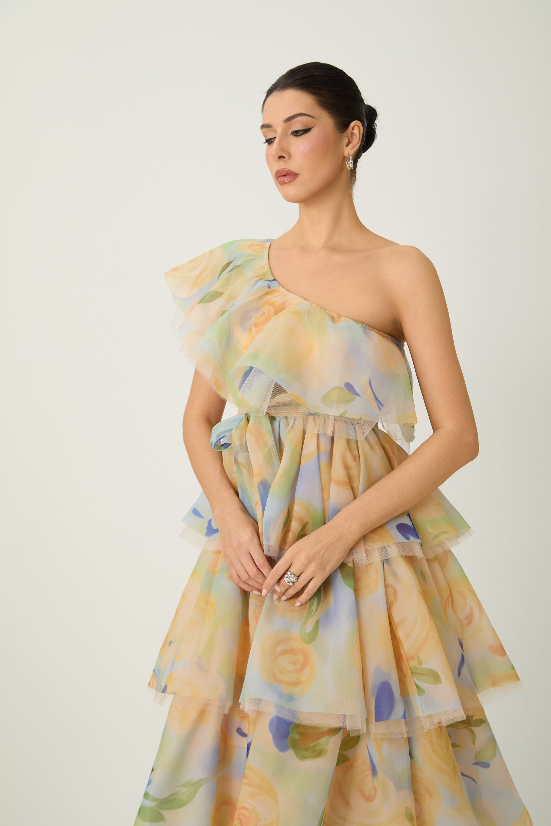 Favorite Icon Yellow Floral Print One Shoulder Maxi Dress
