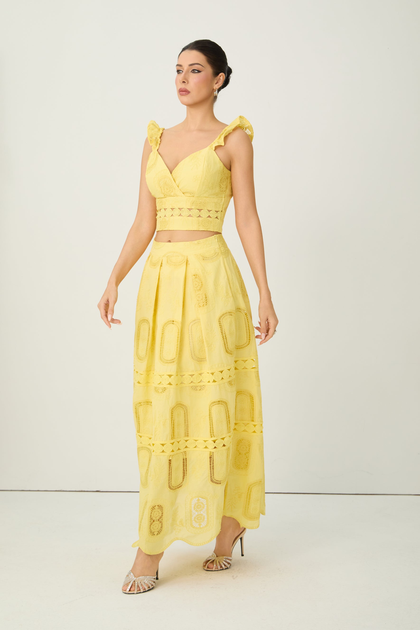 Bright Season Yellow Embroidered Lace Ruffle Top & Skirt Set