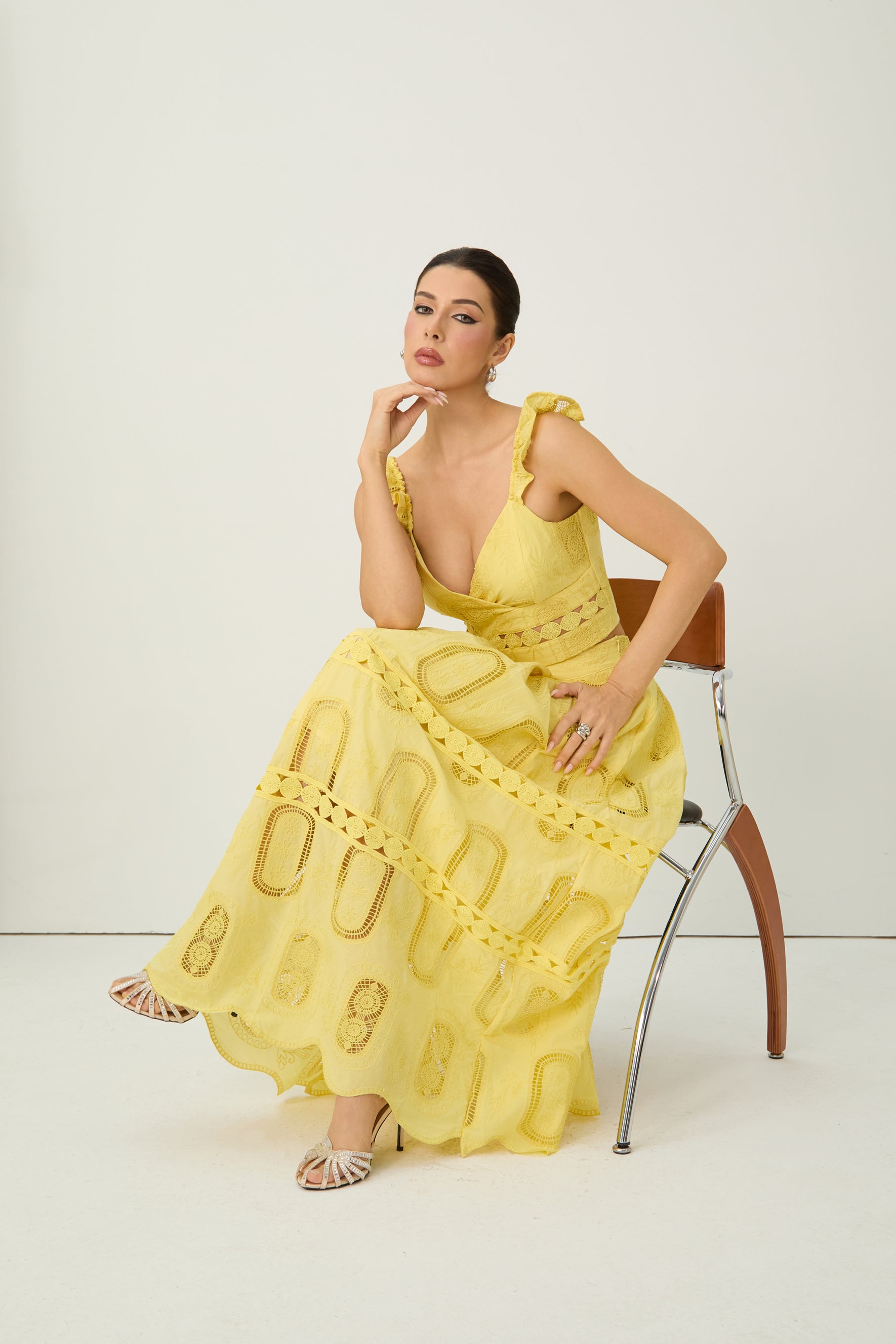 Bright Season Yellow Embroidered Lace Ruffle Top & Skirt Set