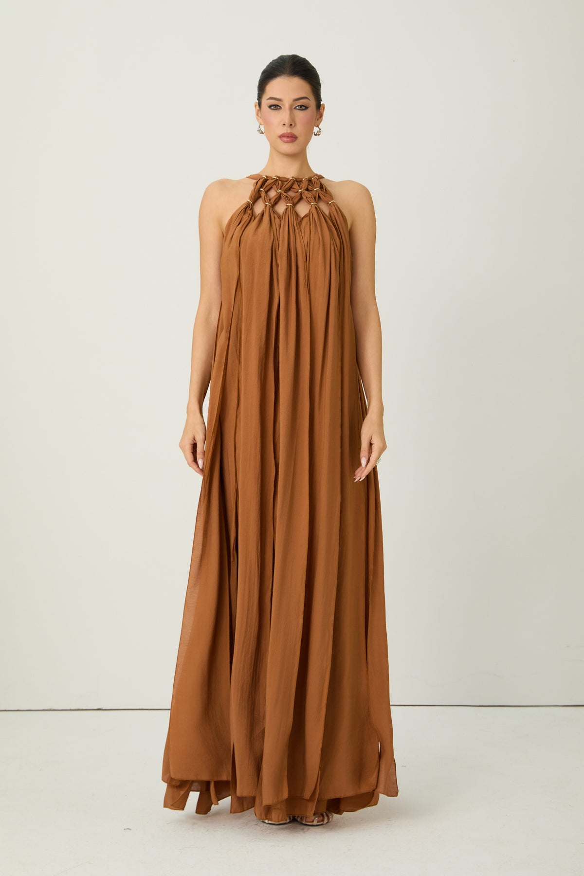 Style Unlocked Brown Knotted Draped Maxi Dress