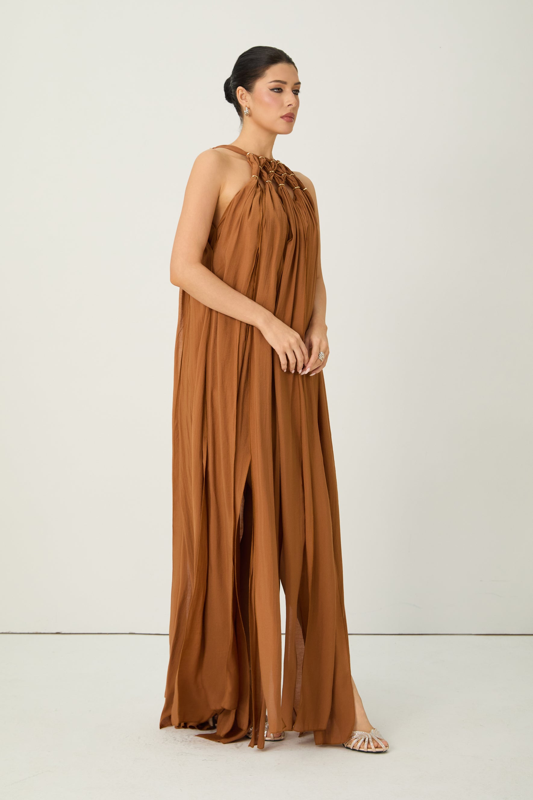 Style Unlocked Brown Knotted Draped Maxi Dress
