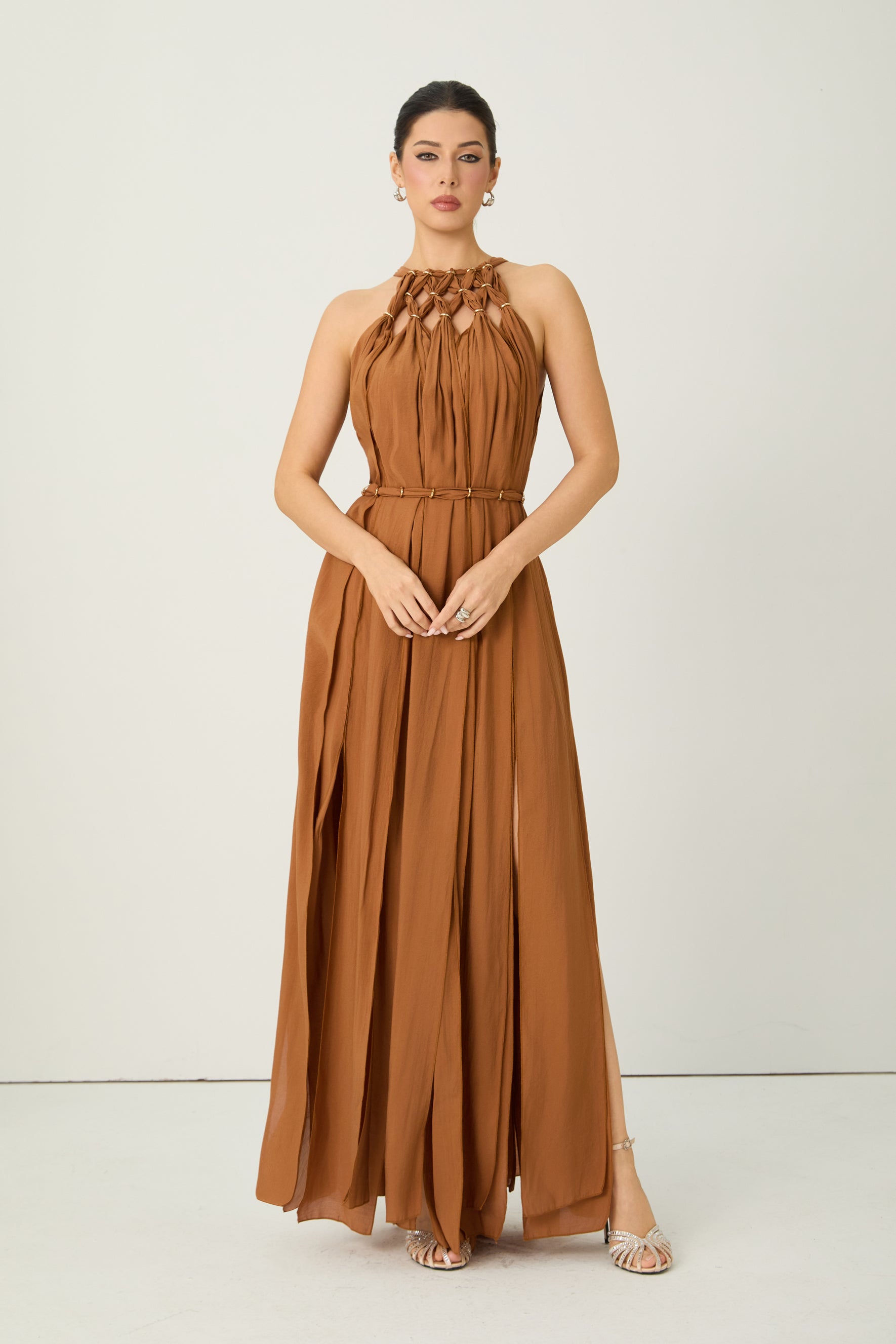 Style Unlocked Brown Knotted Draped Maxi Dress