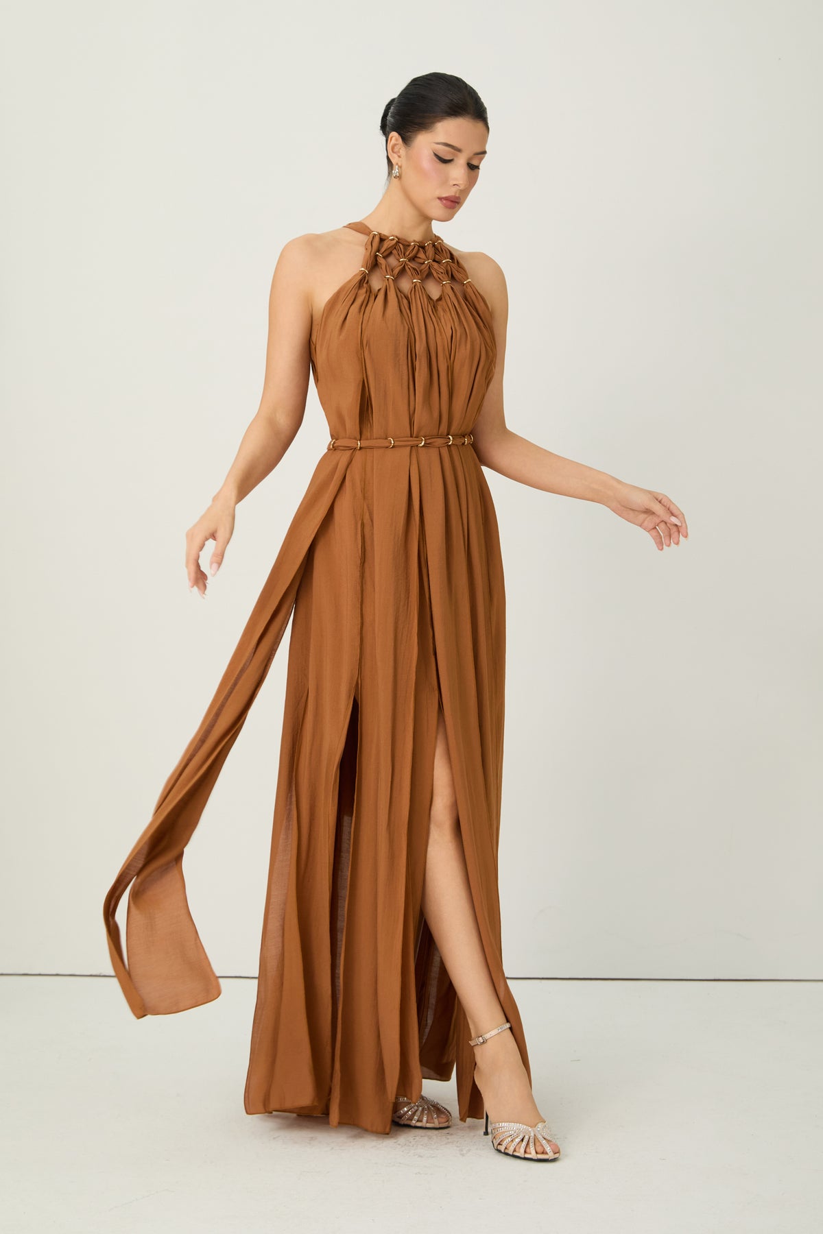 Style Unlocked Brown Knotted Draped Maxi Dress