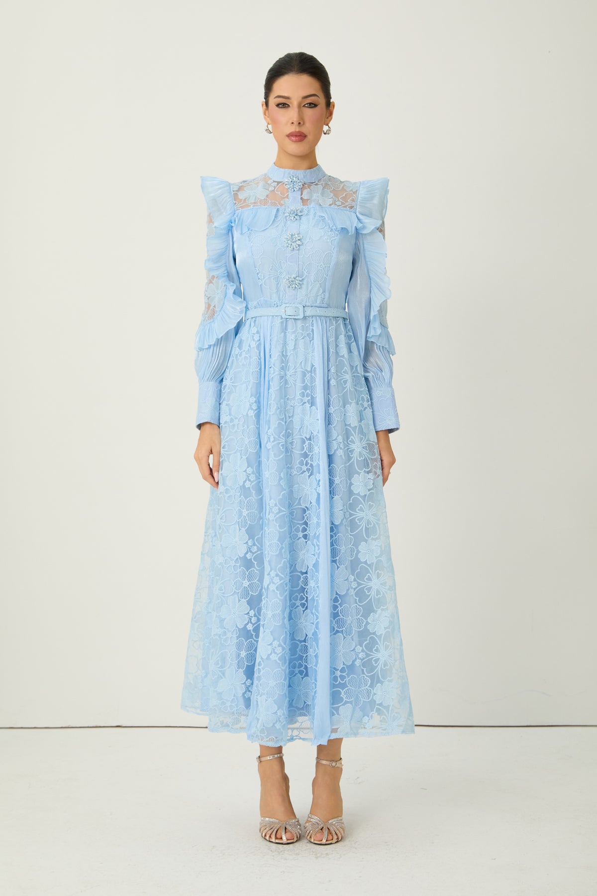 Dreamy Occasions Blue Floral Embroidered Ruffle Sleeve Maxi Dress