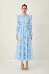 Dreamy Occasions Blue Floral Embroidered Ruffle Sleeve Maxi Dress