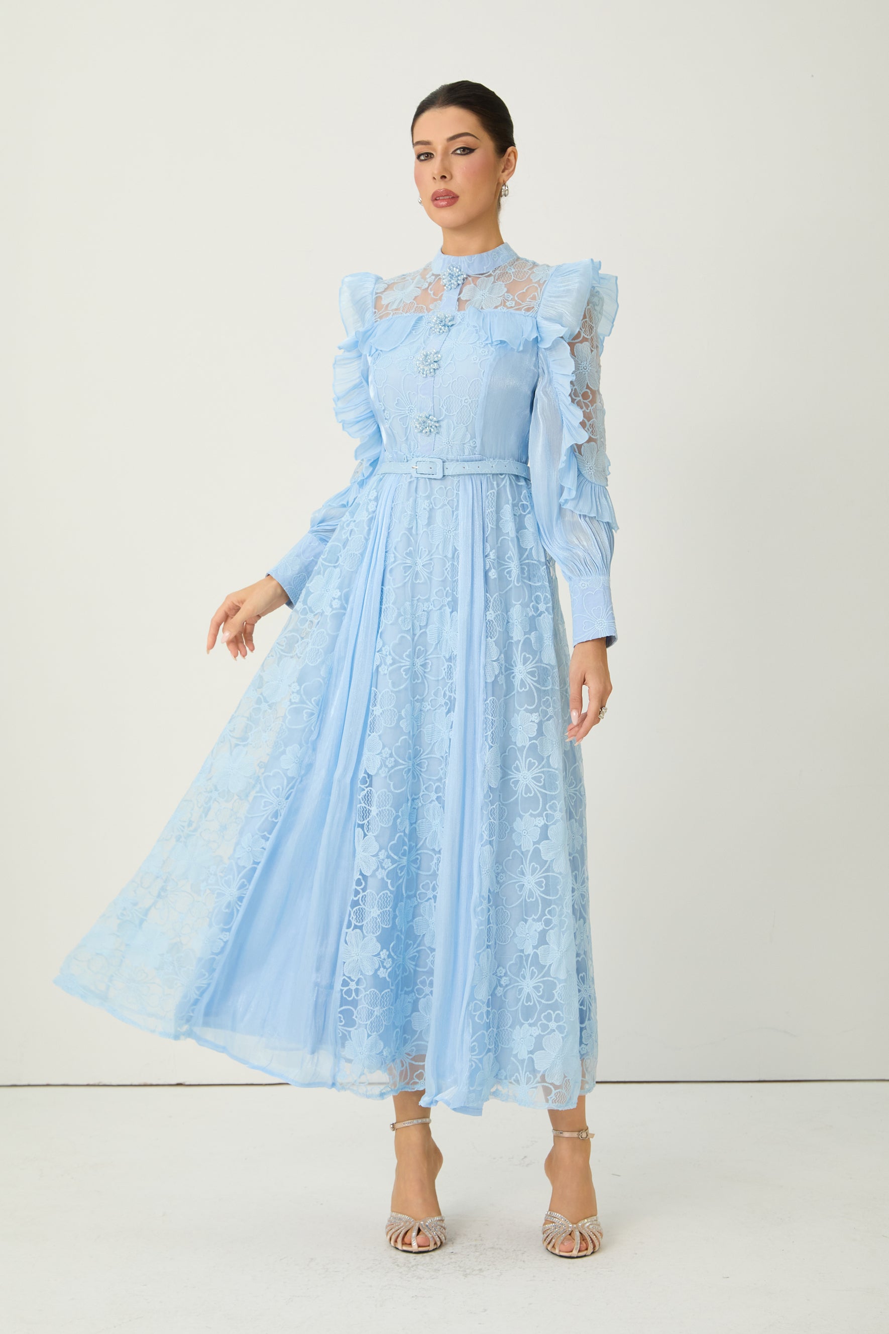 Dreamy Occasions Blue Floral Embroidered Ruffle Sleeve Maxi Dress