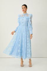 Dreamy Occasions Blue Floral Embroidered Ruffle Sleeve Maxi Dress