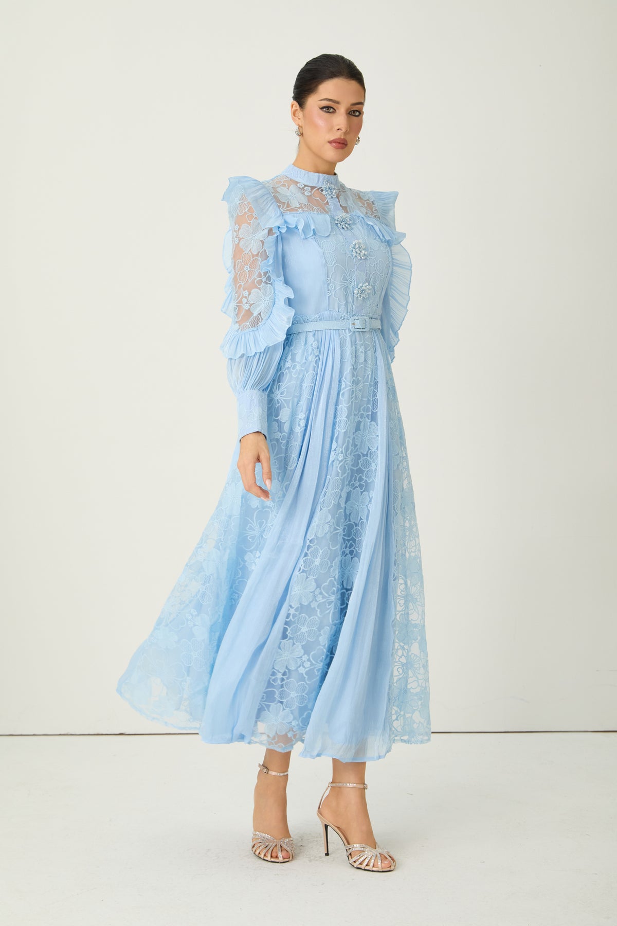 Dreamy Occasions Blue Floral Embroidered Ruffle Sleeve Maxi Dress