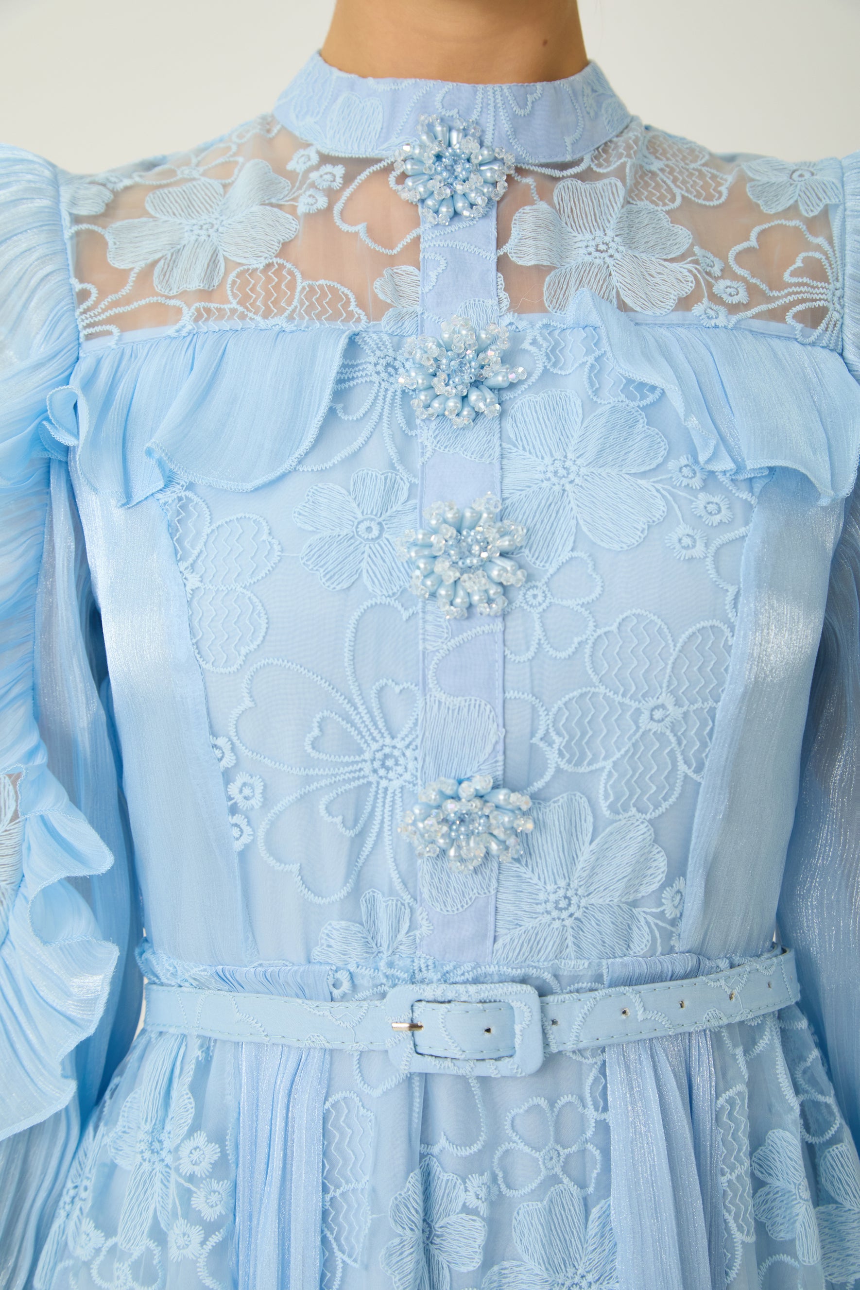 Dreamy Occasions Blue Floral Embroidered Ruffle Sleeve Maxi Dress
