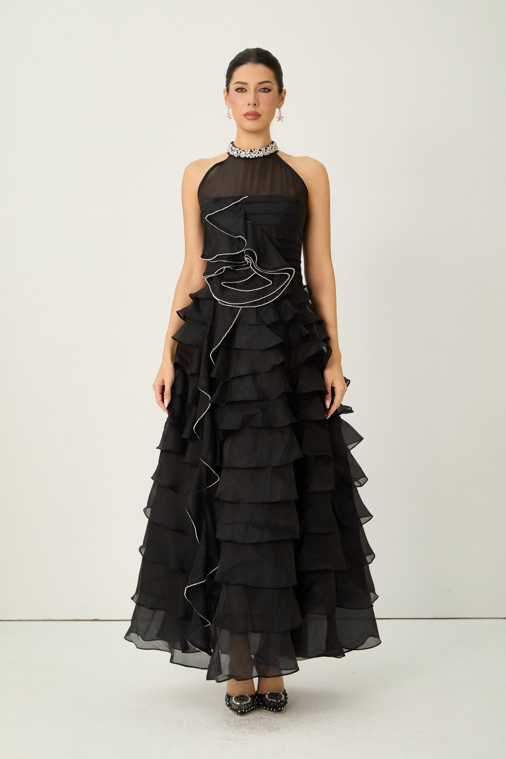 Love You So Black Embellished Tiered Ruffle Maxi Dress