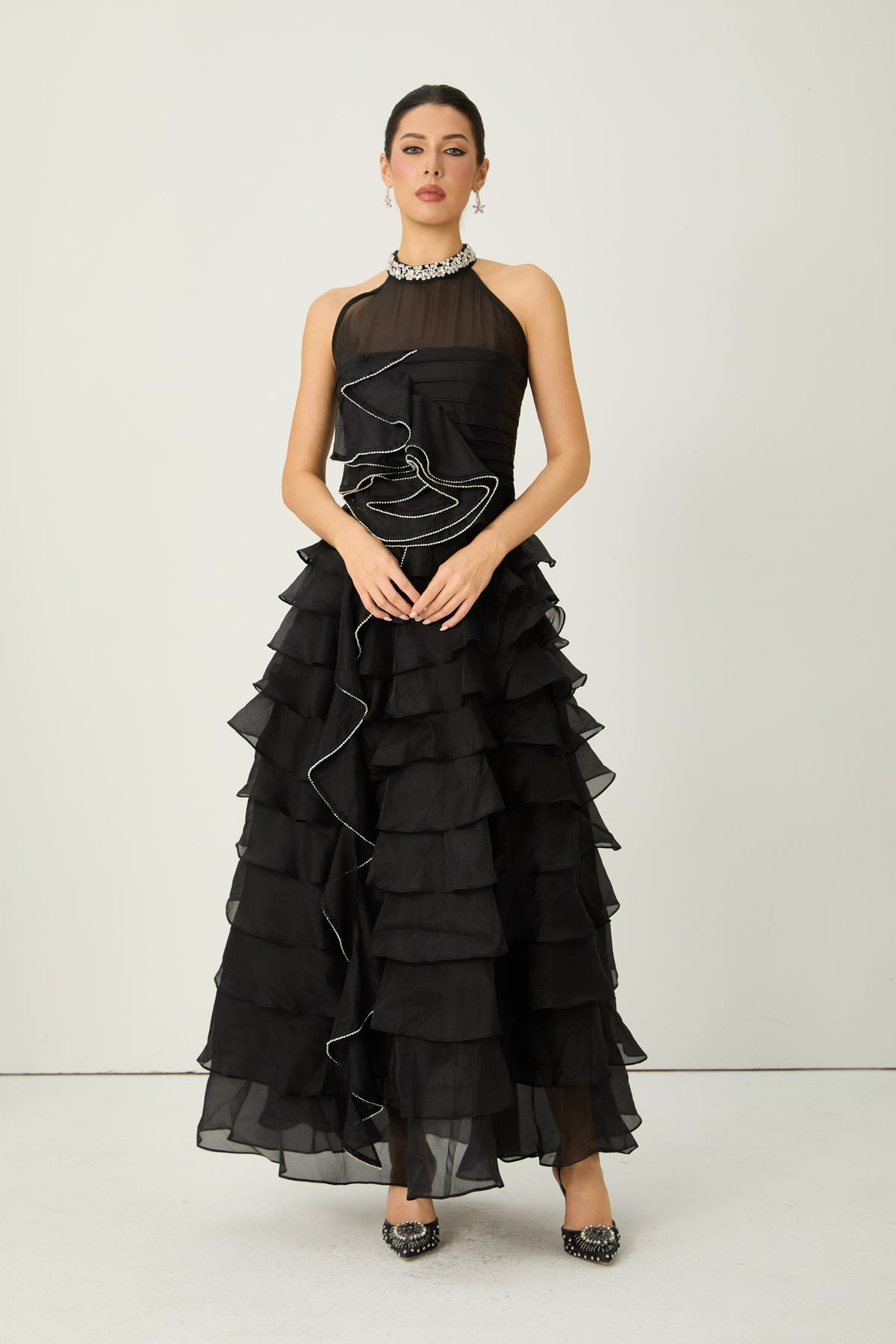 Love You So Black Embellished Tiered Ruffle Maxi Dress