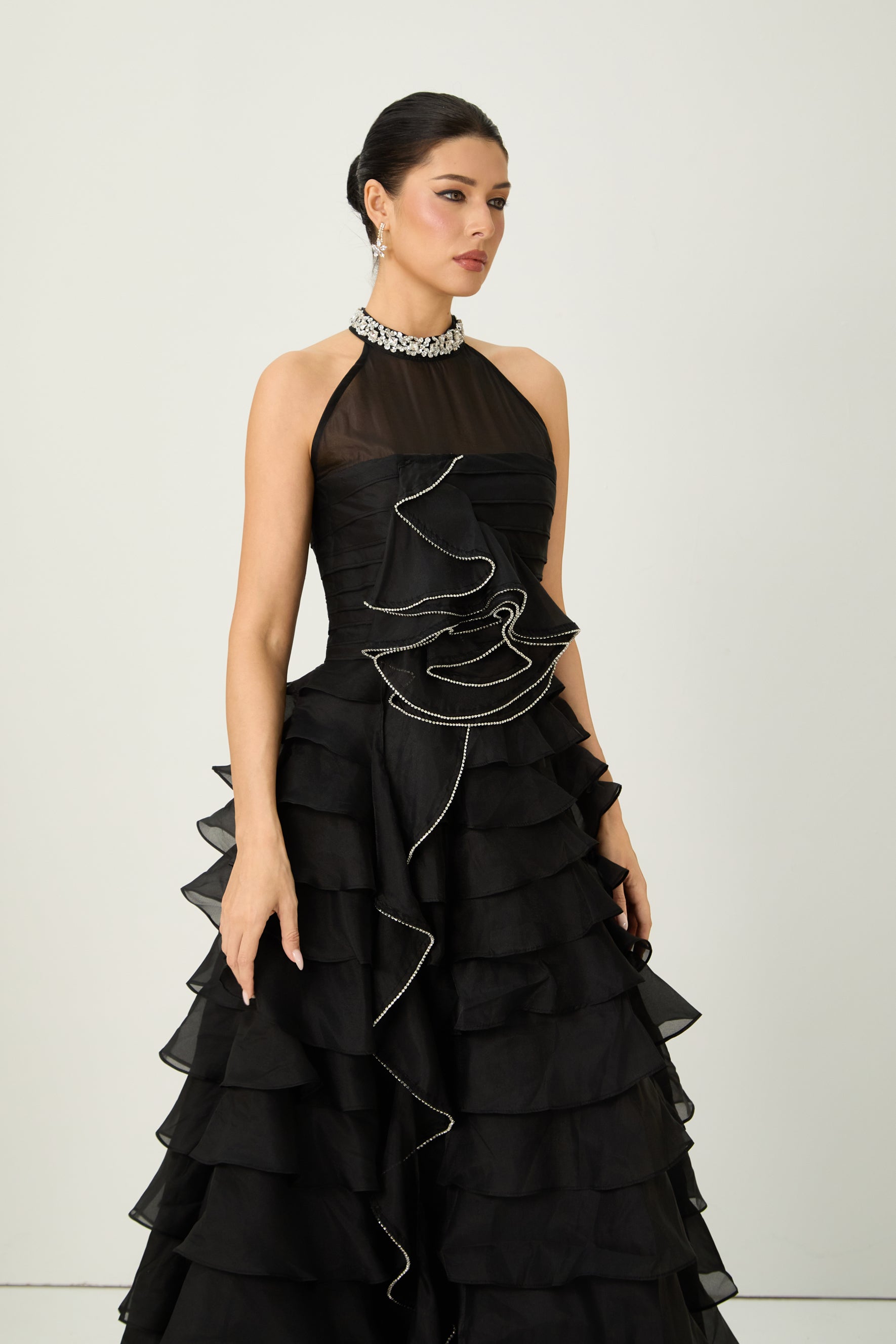 Love You So Black Embellished Tiered Ruffle Maxi Dress