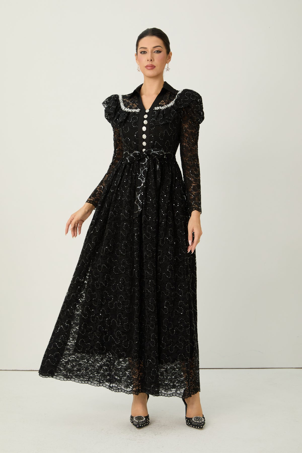 Illustrious Glow Black Sequin Lace Puff Sleeve Maxi Dress