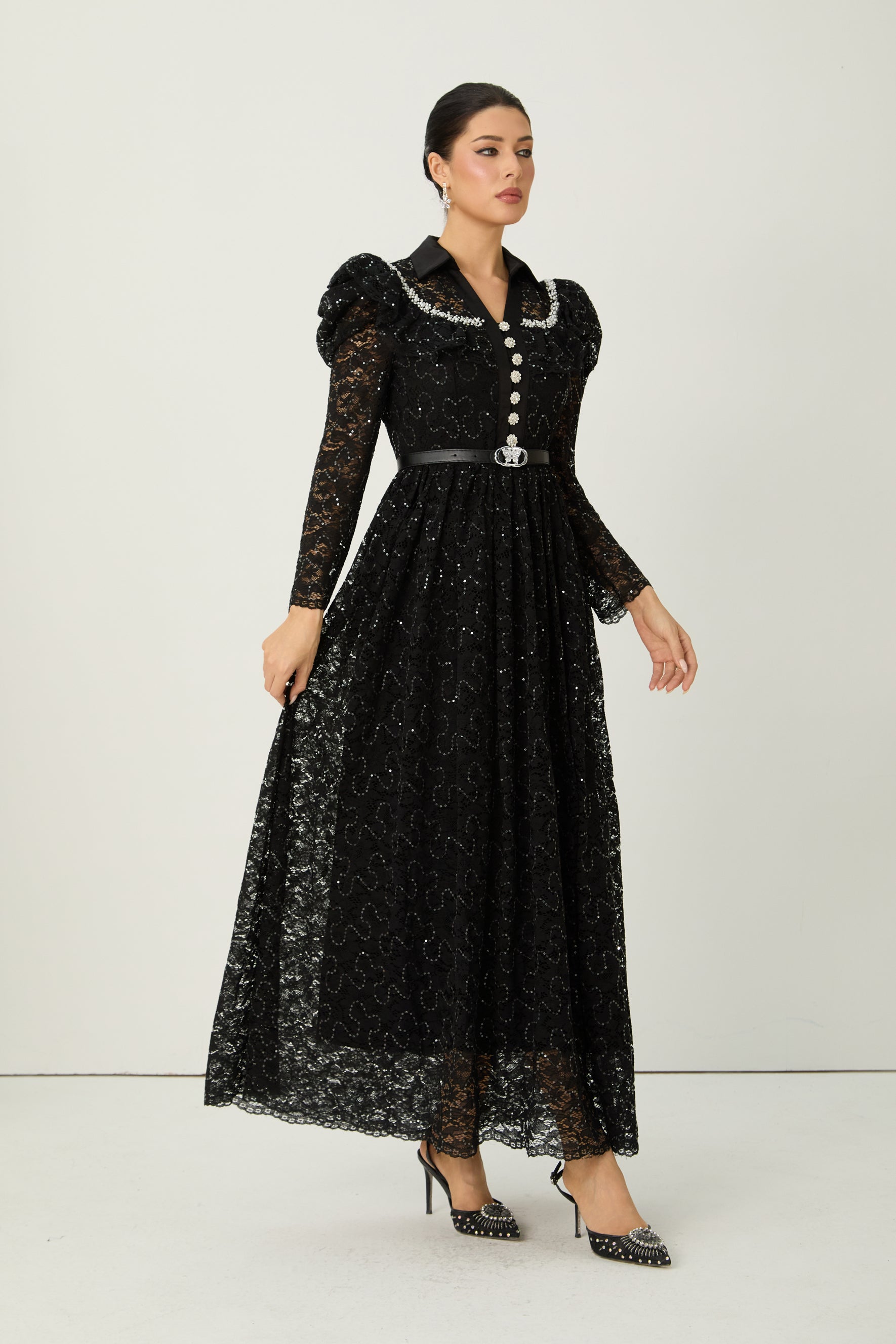 Illustrious Glow Black Sequin Lace Puff Sleeve Maxi Dress