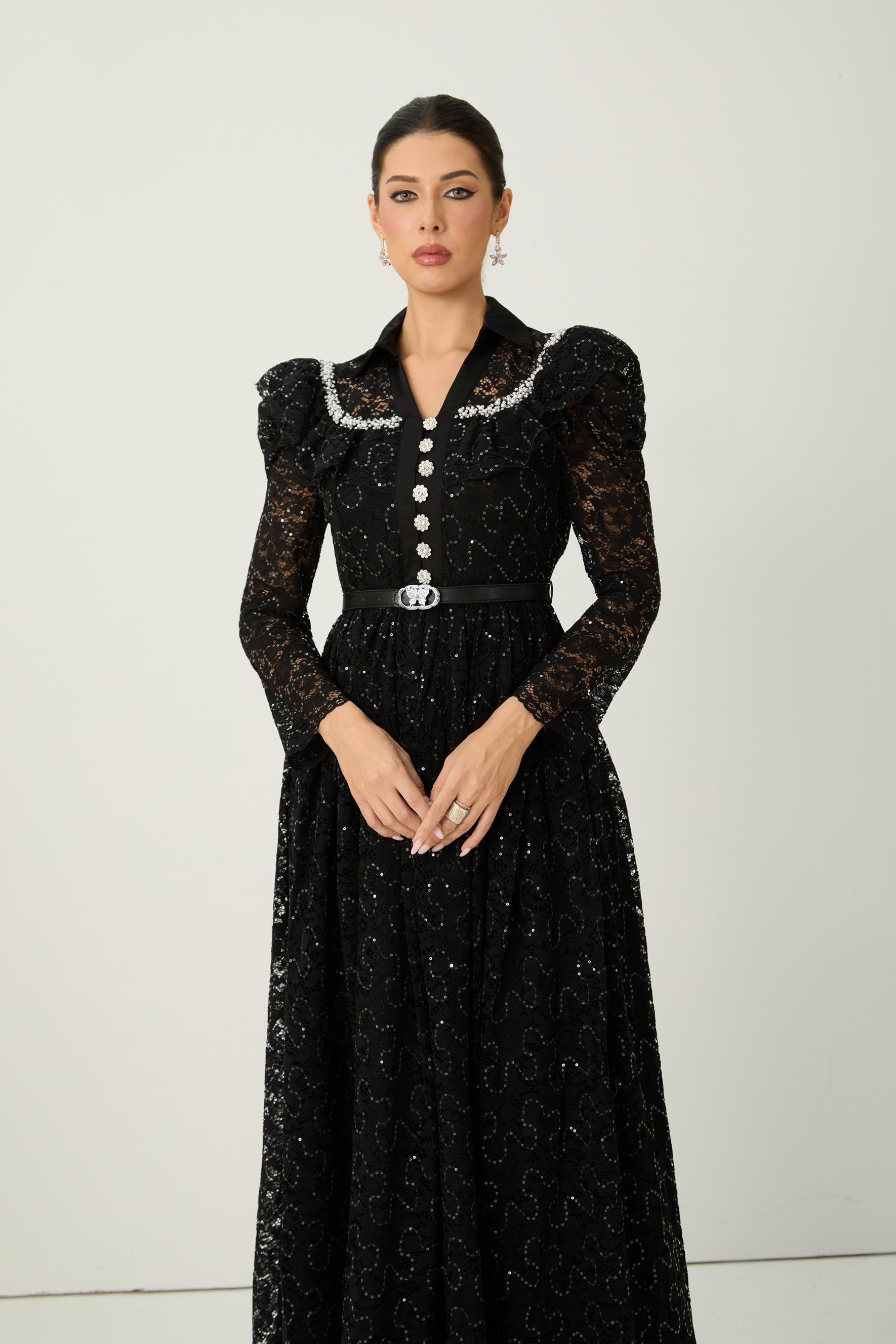 Illustrious Glow Black Sequin Lace Puff Sleeve Maxi Dress