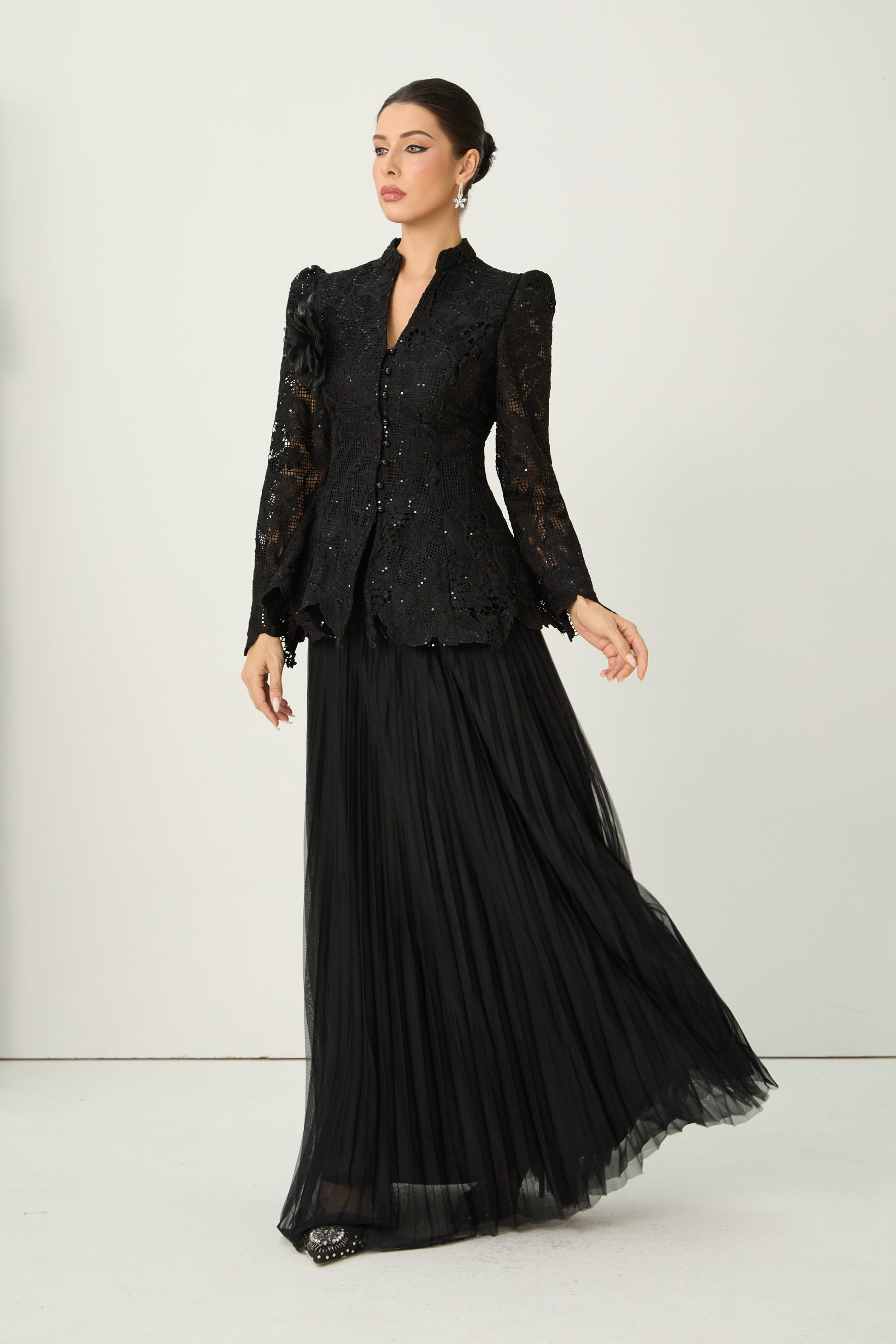 Adoring Me Black Lace Flower Top & Pleated Skirt Set