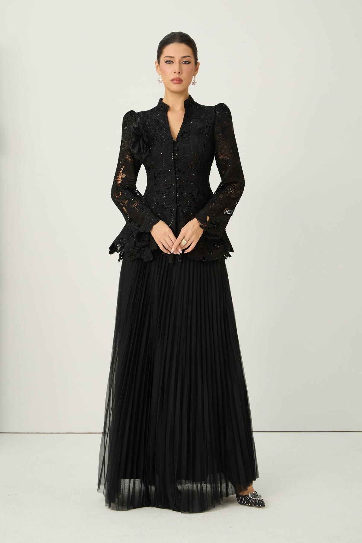 Adoring Me Black Lace Flower Top & Pleated Skirt Set