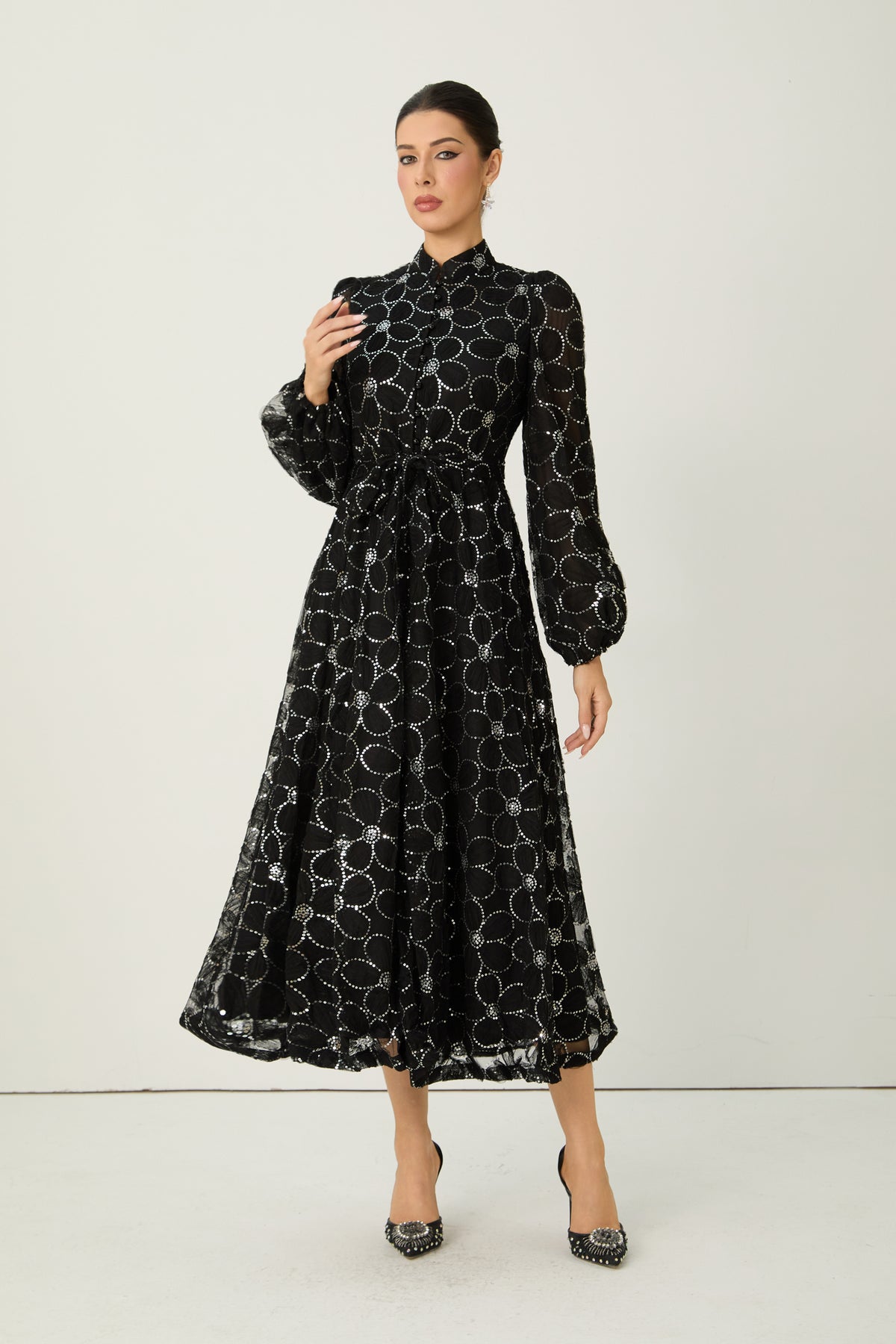 Charming Event Black Sequin Floral Embroidered Maxi Dress