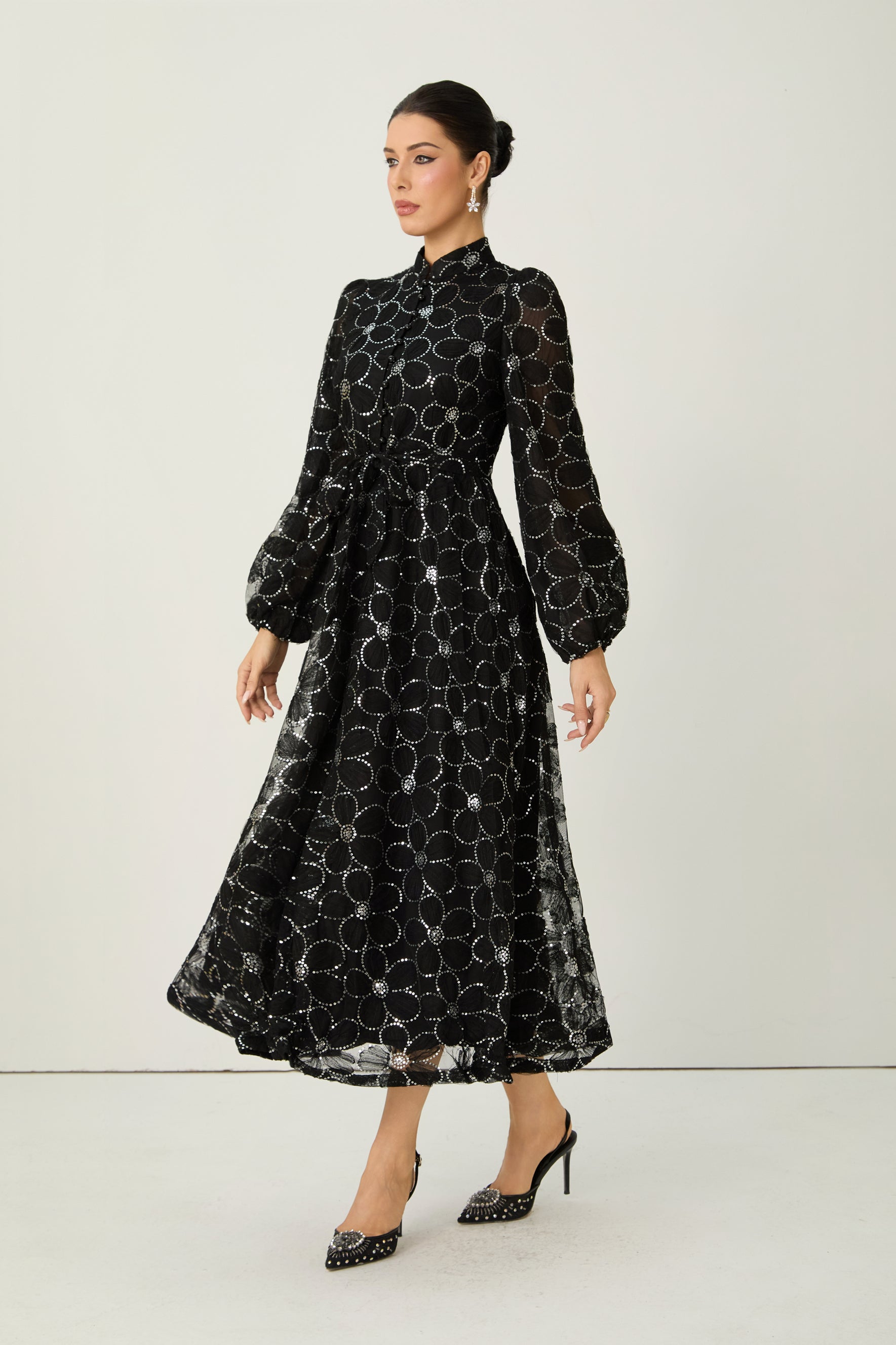 Charming Event Black Sequin Floral Embroidered Maxi Dress