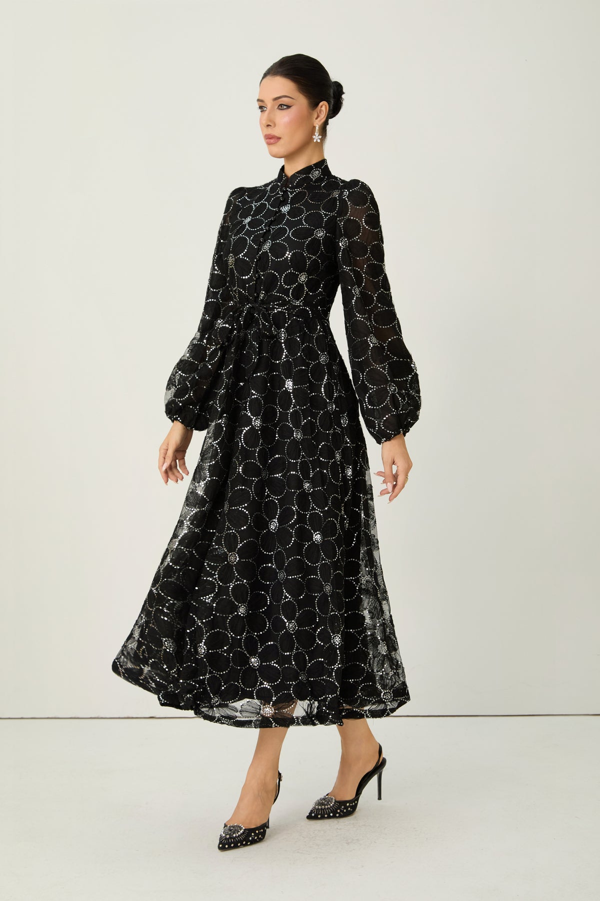 Charming Event Black Sequin Floral Embroidered Maxi Dress