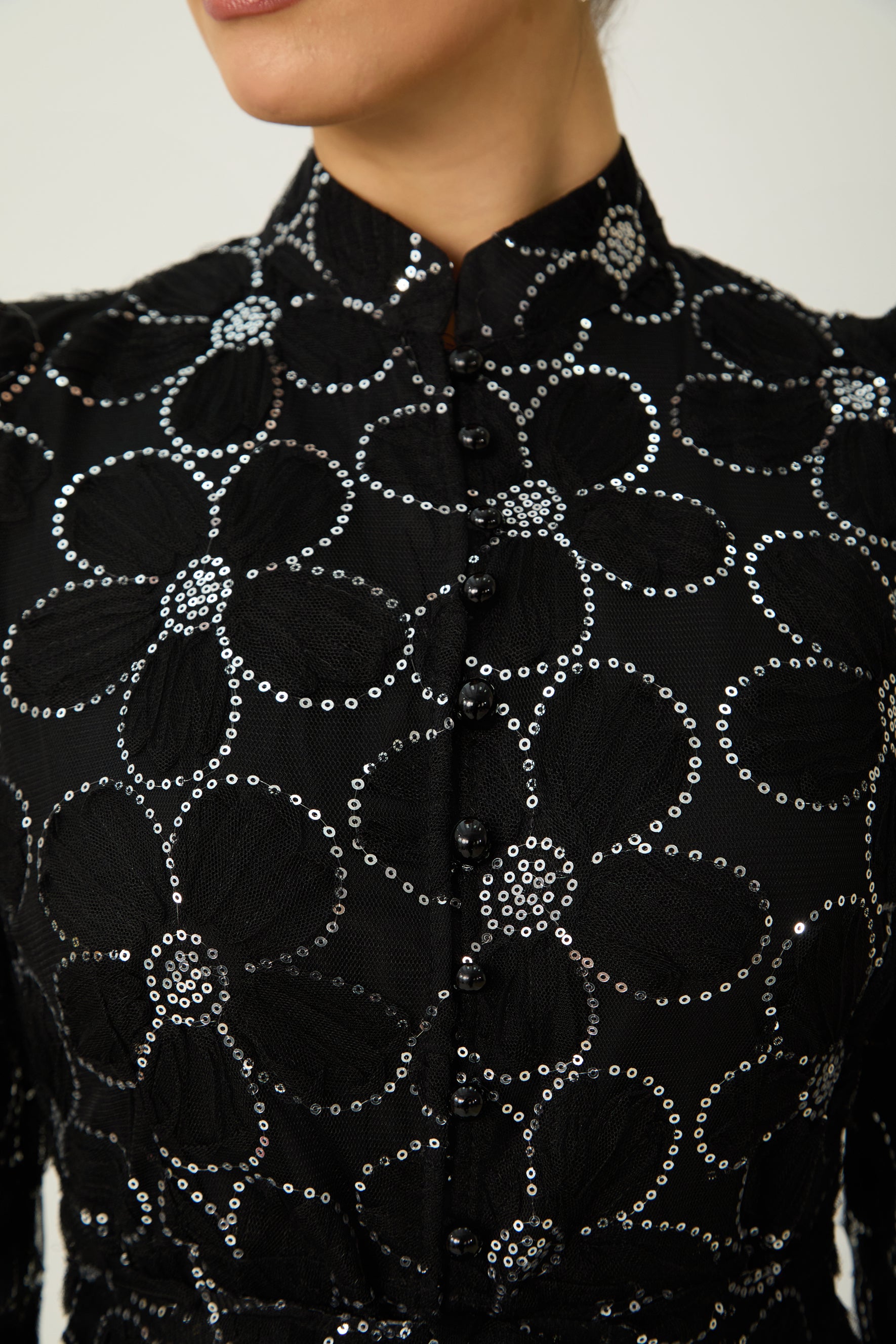 Charming Event Black Sequin Floral Embroidered Maxi Dress