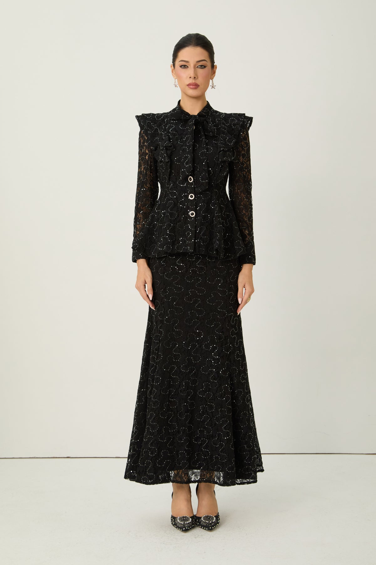Moment Maker Black Embellished Lace Ruffle Shoulder Top & Skirt Set