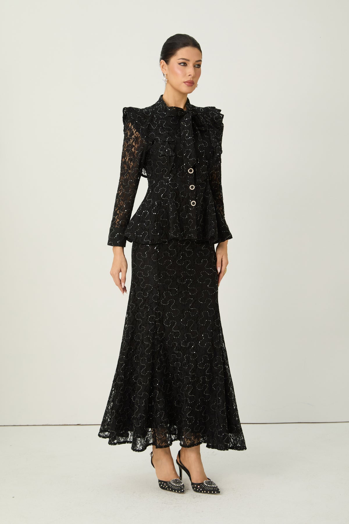 Moment Maker Black Embellished Lace Ruffle Shoulder Top & Skirt Set