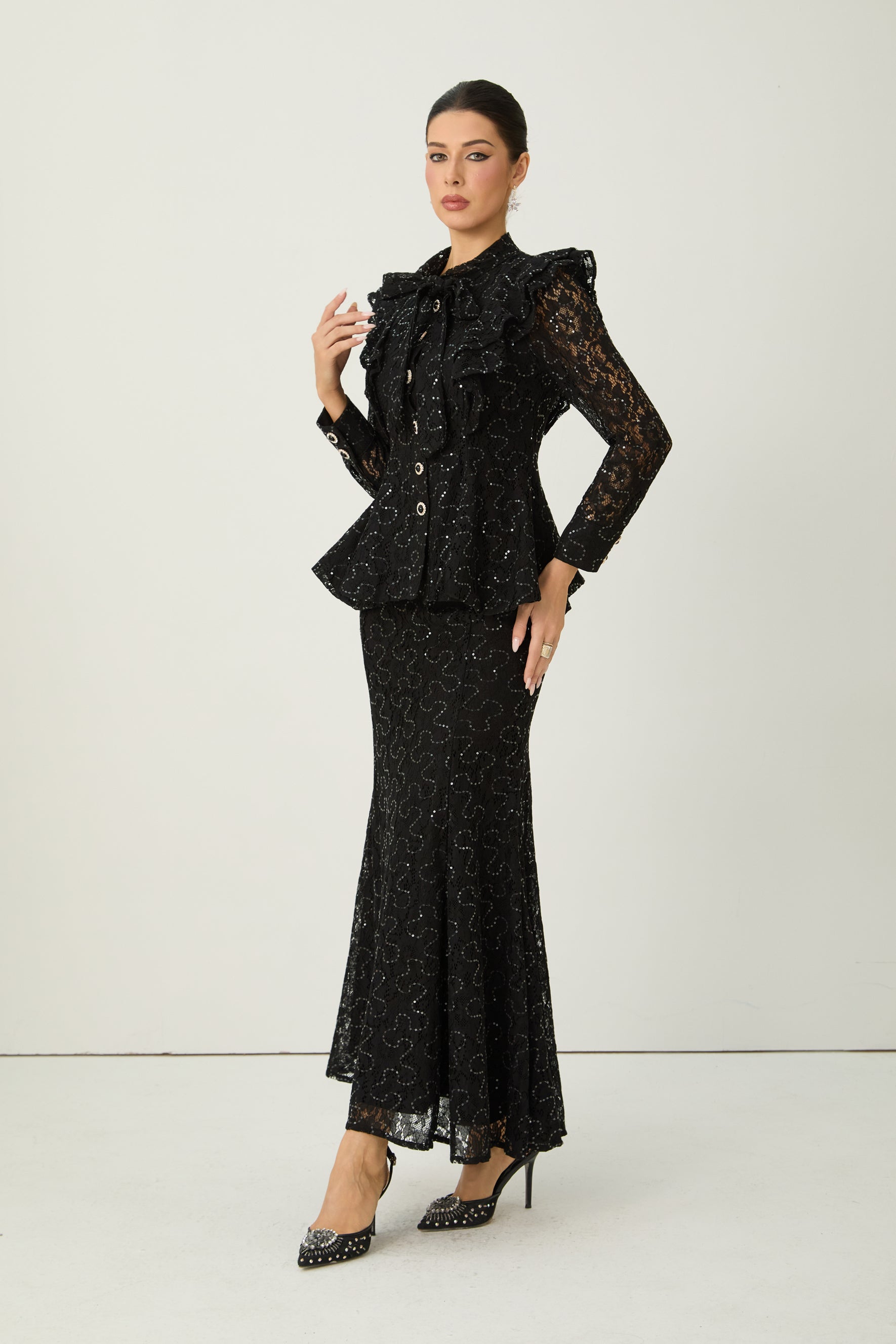 Moment Maker Black Embellished Lace Ruffle Shoulder Top & Skirt Set