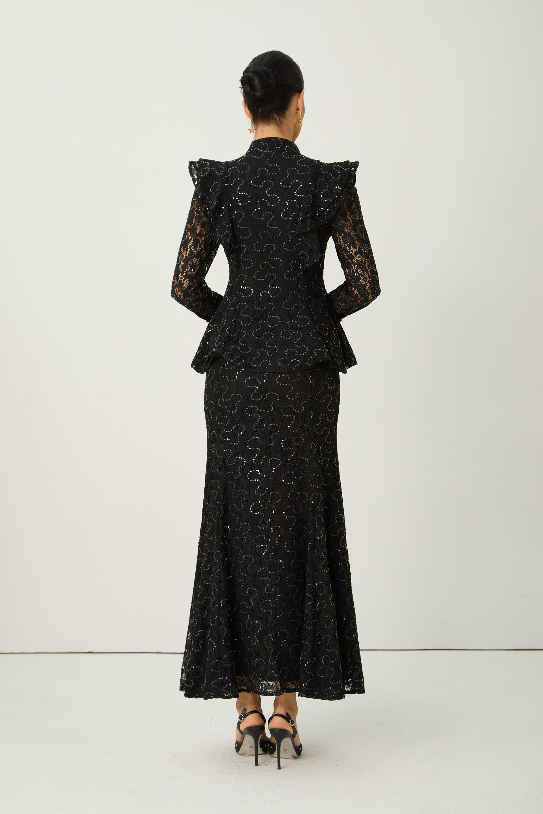 Moment Maker Black Embellished Lace Ruffle Shoulder Top & Skirt Set