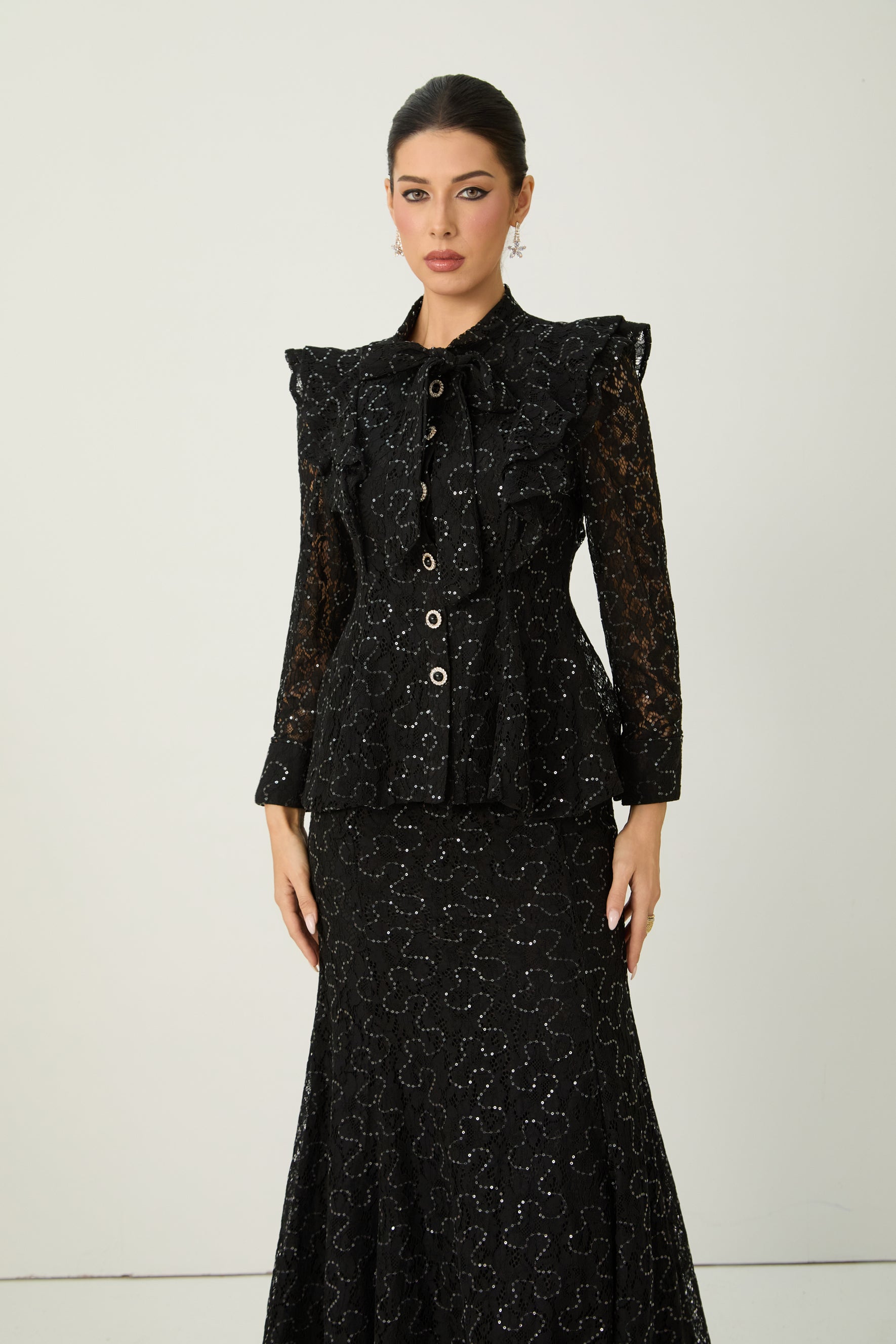 Moment Maker Black Embellished Lace Ruffle Shoulder Top & Skirt Set