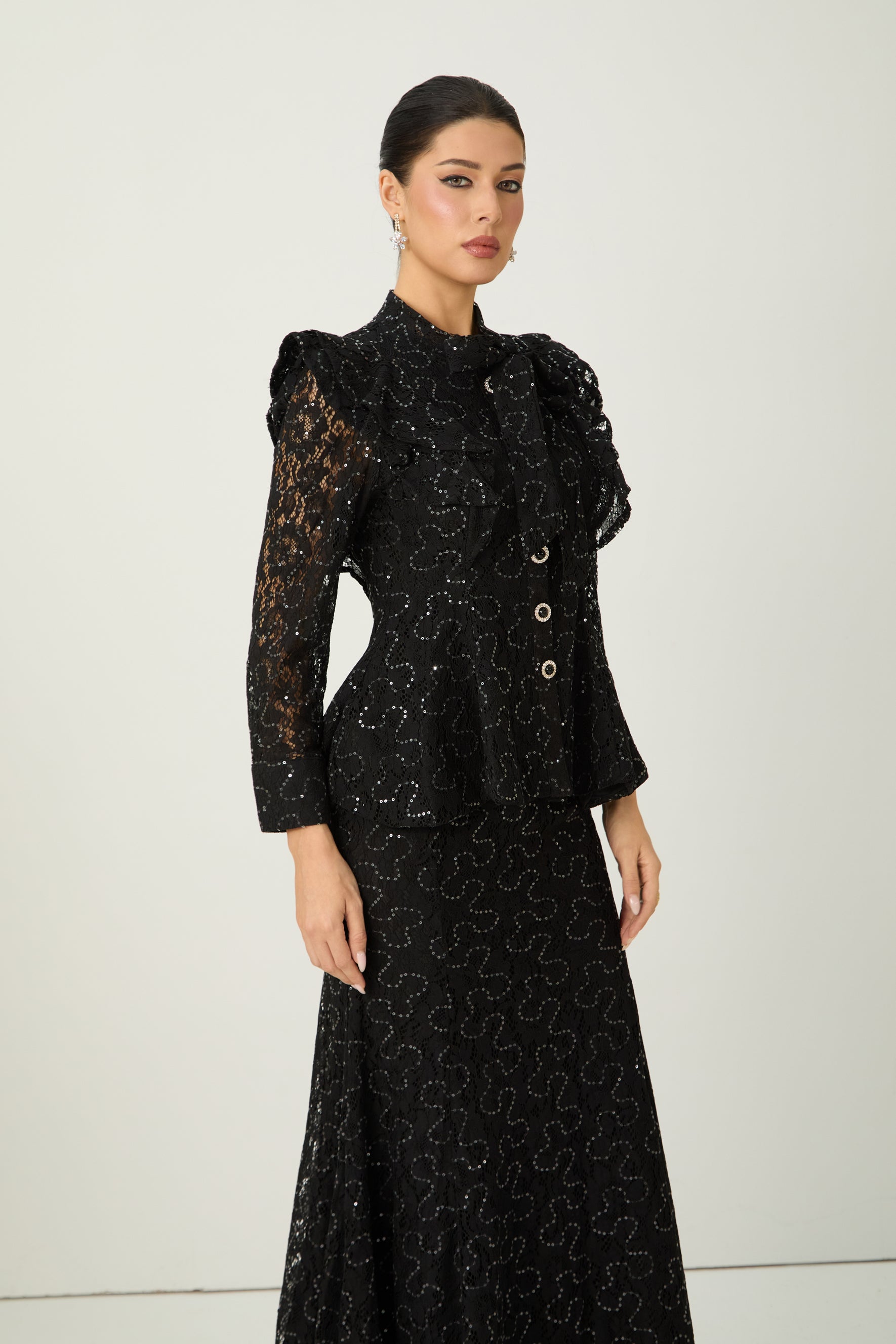 Moment Maker Black Embellished Lace Ruffle Shoulder Top & Skirt Set