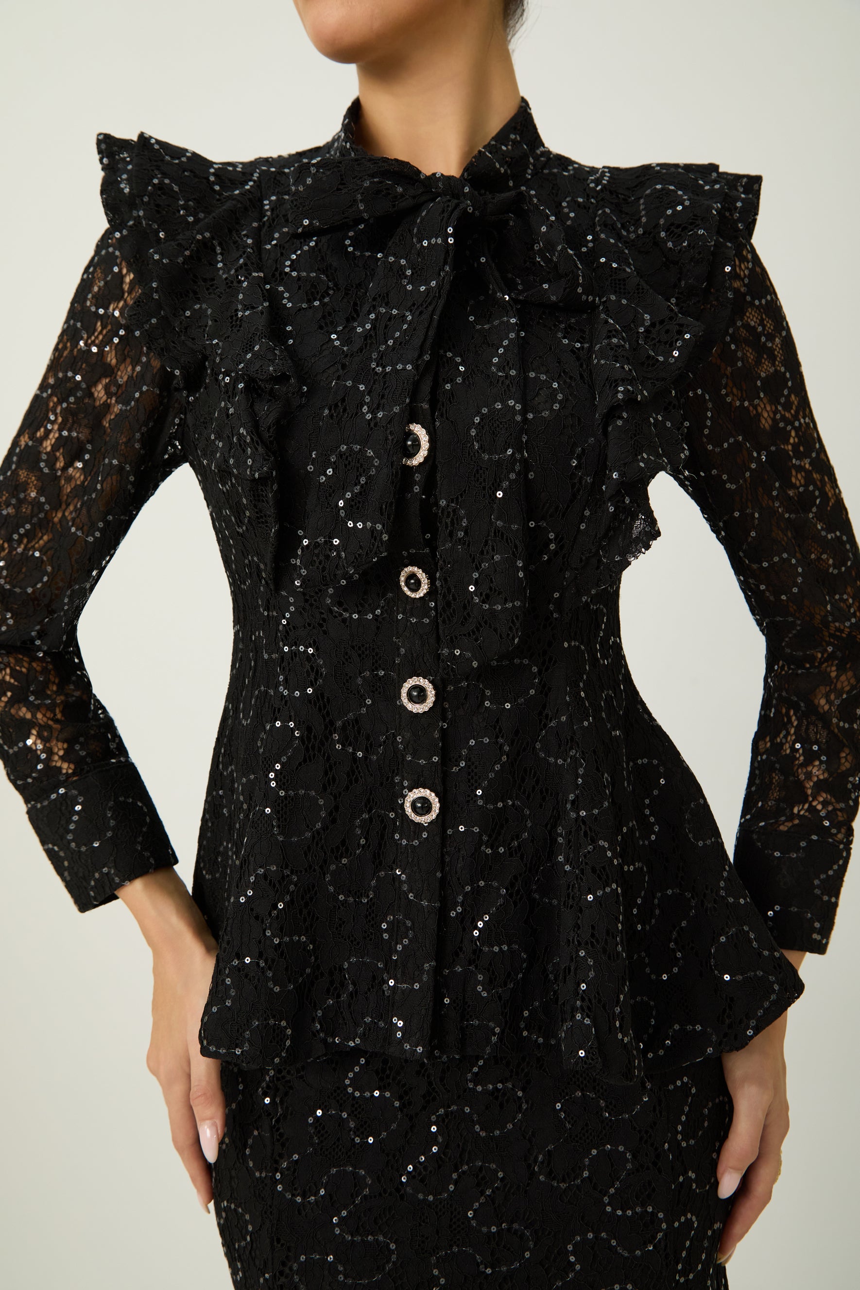 Moment Maker Black Embellished Lace Ruffle Shoulder Top & Skirt Set
