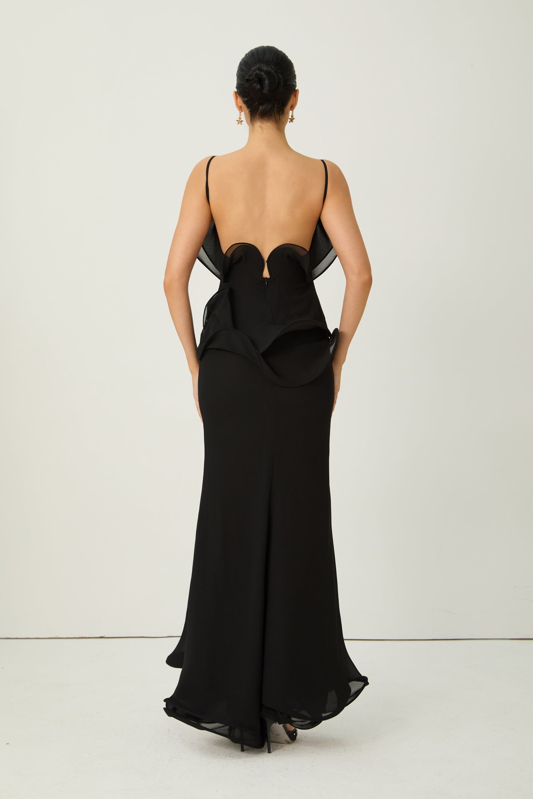 Trend Seeker Black Asymmetric Ruffle Backless Maxi Dress