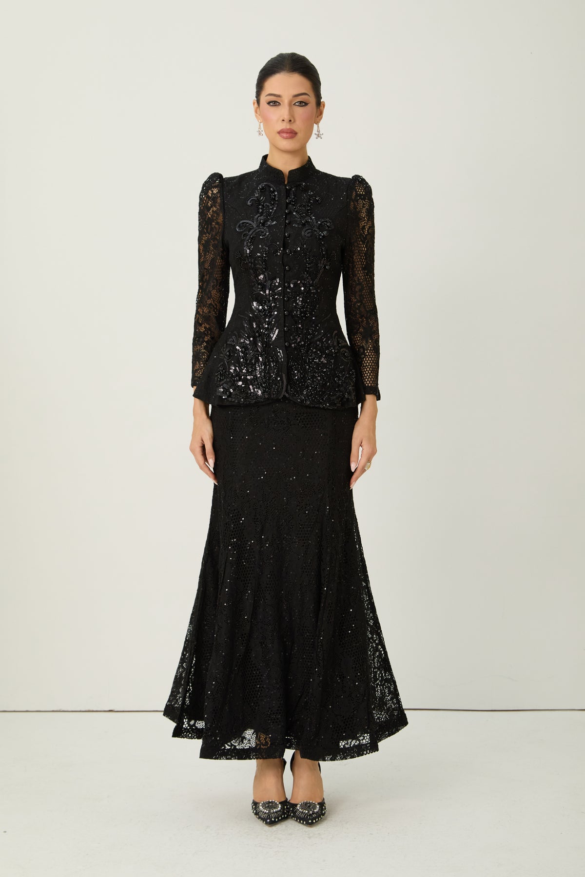 Romance Language Black Floral Embroidered Sequin Jacket & Skirt Set