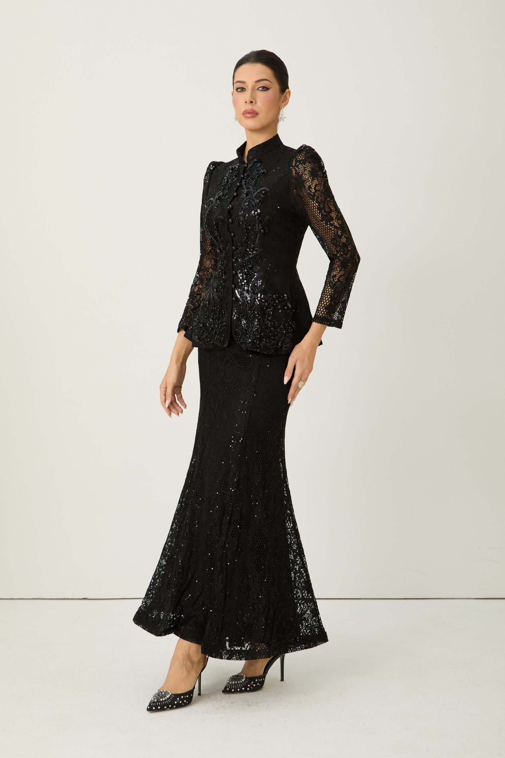Romance Language Black Floral Embroidered Sequin Jacket & Skirt Set