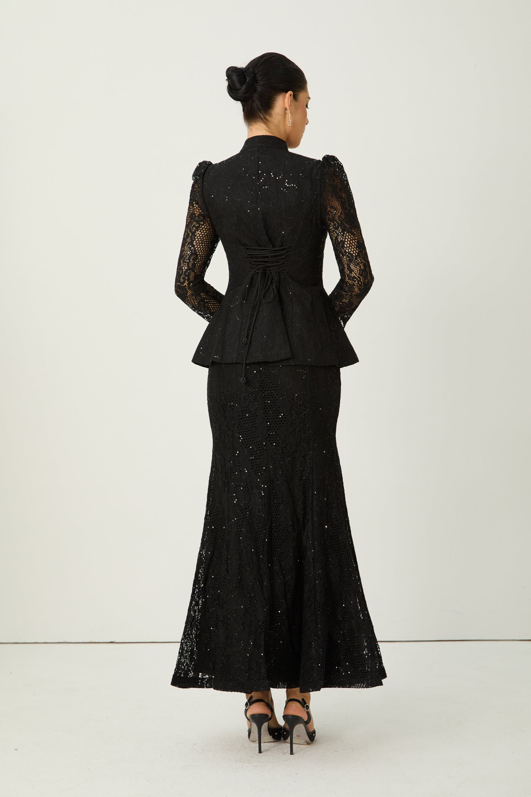 Romance Language Black Floral Embroidered Sequin Jacket & Skirt Set