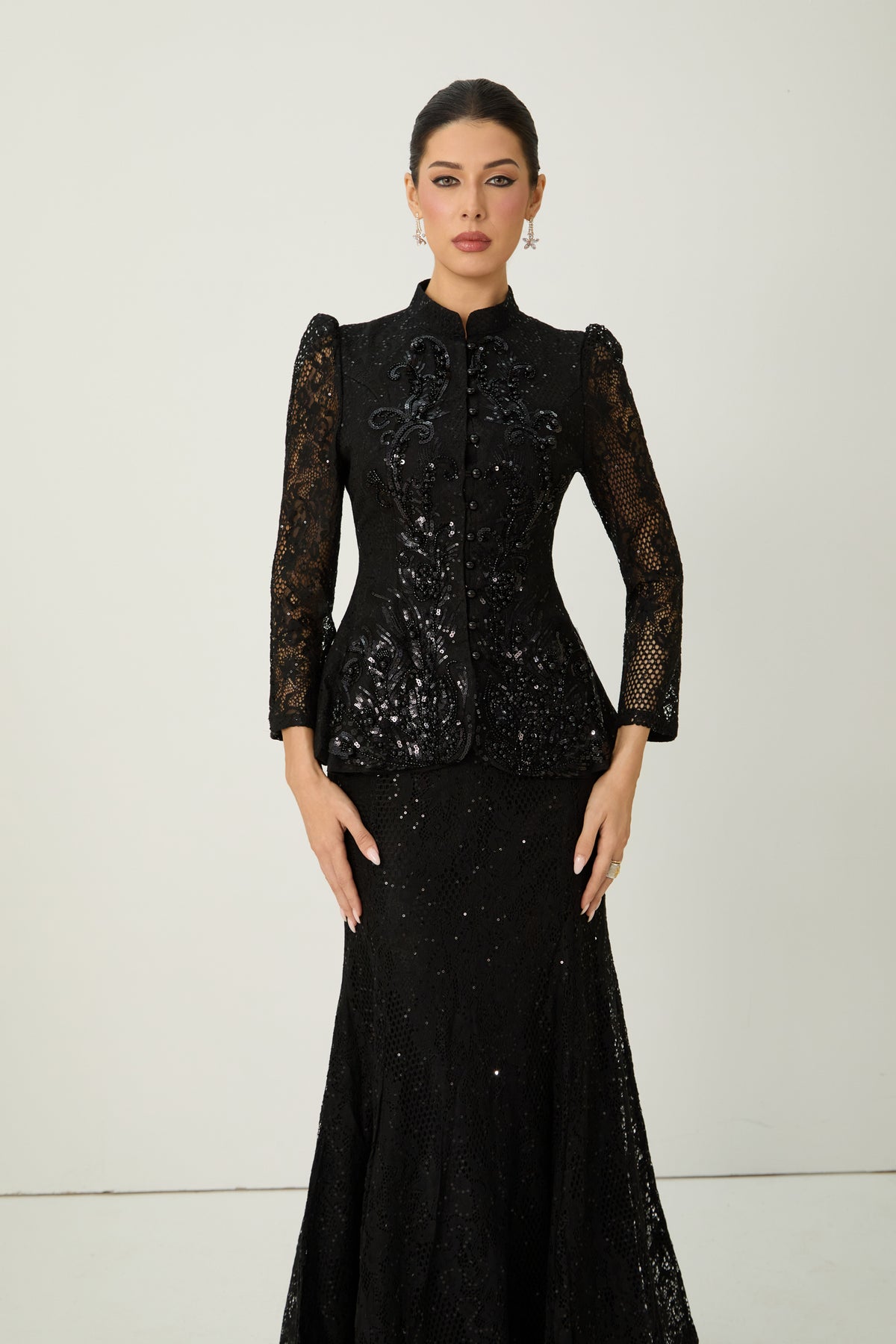 Romance Language Black Floral Embroidered Sequin Jacket & Skirt Set