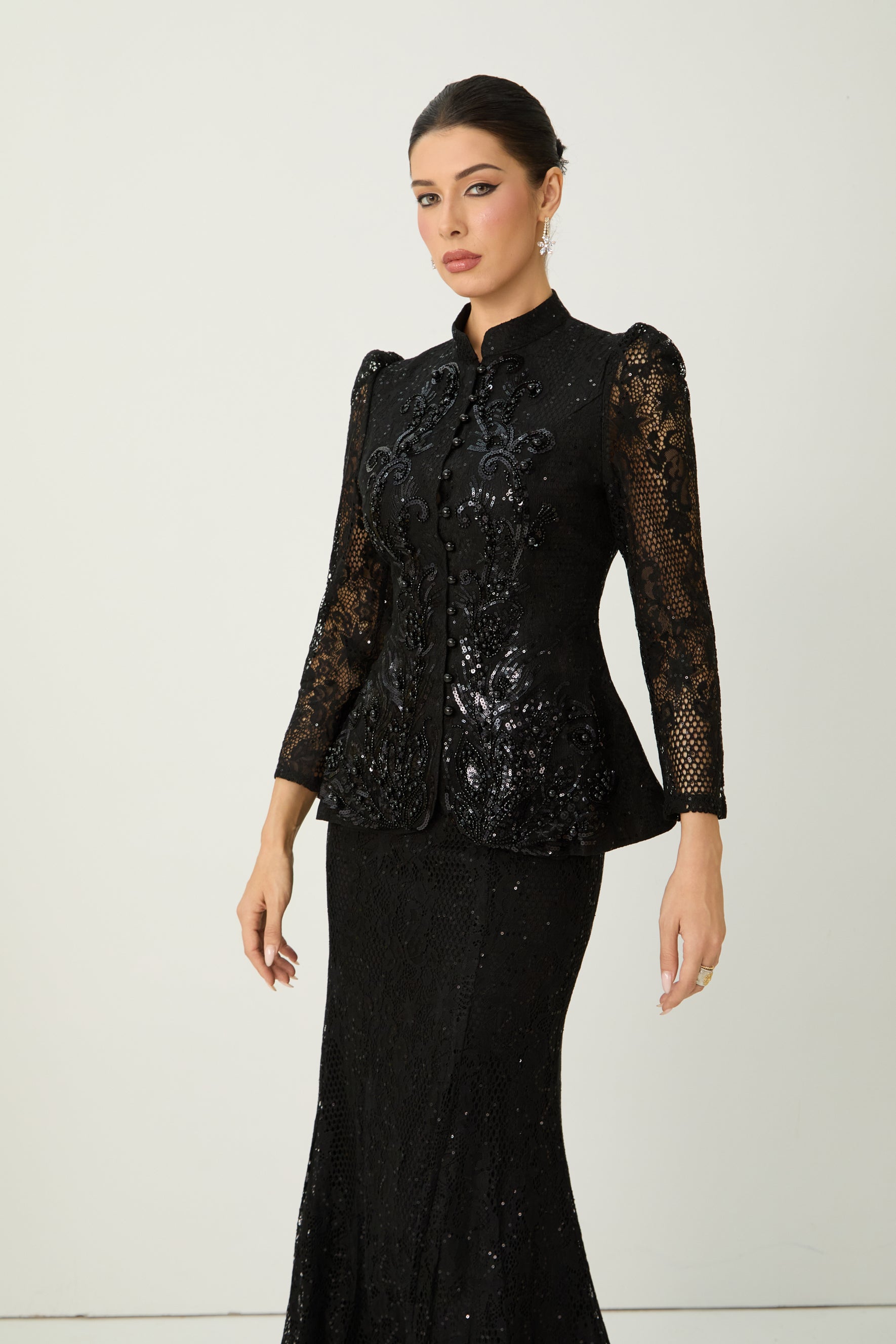Romance Language Black Floral Embroidered Sequin Jacket & Skirt Set