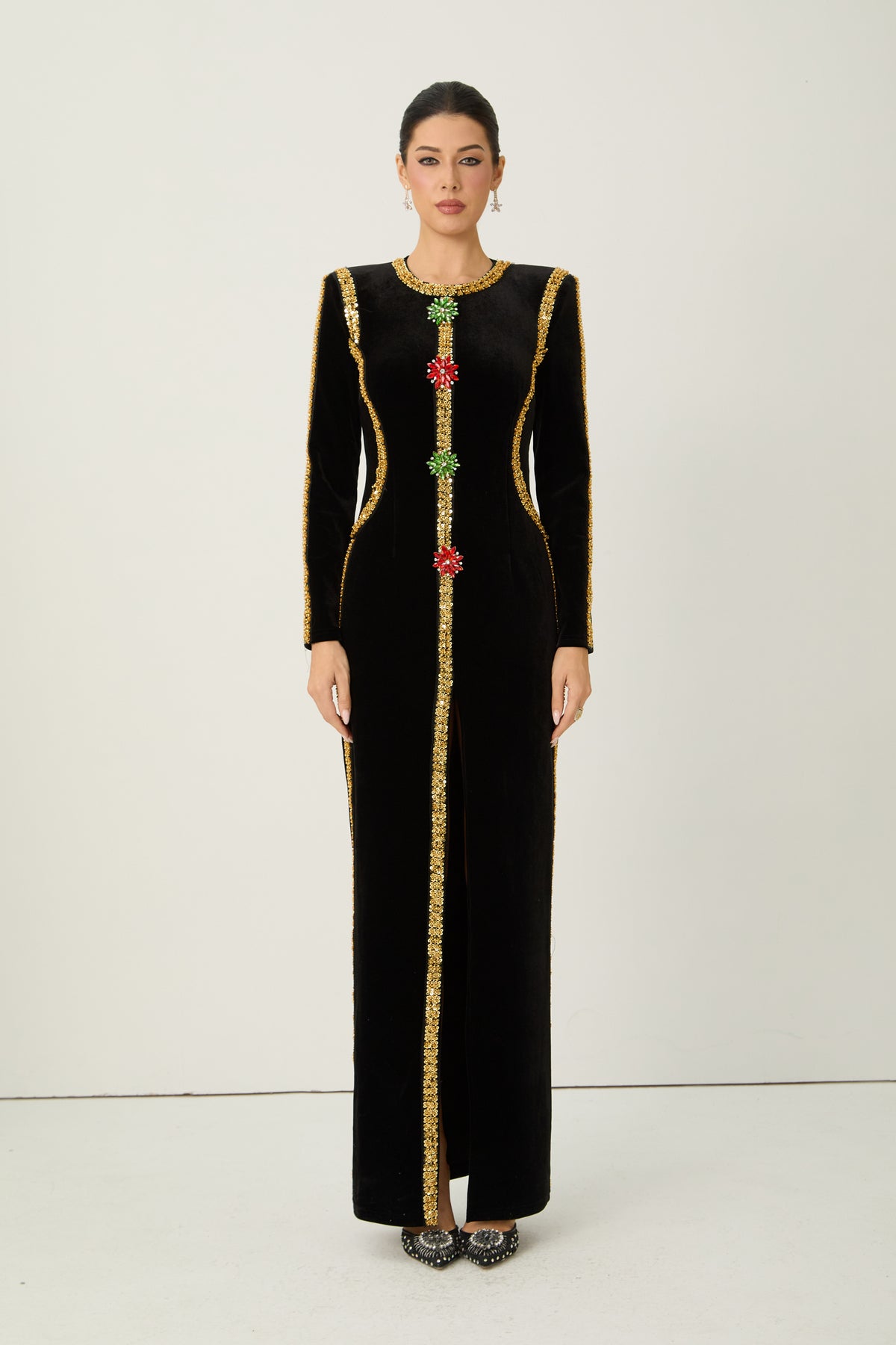 Dramatic Stunner Black Sequin Trim Crystal Brooch Velvet Maxi Dress