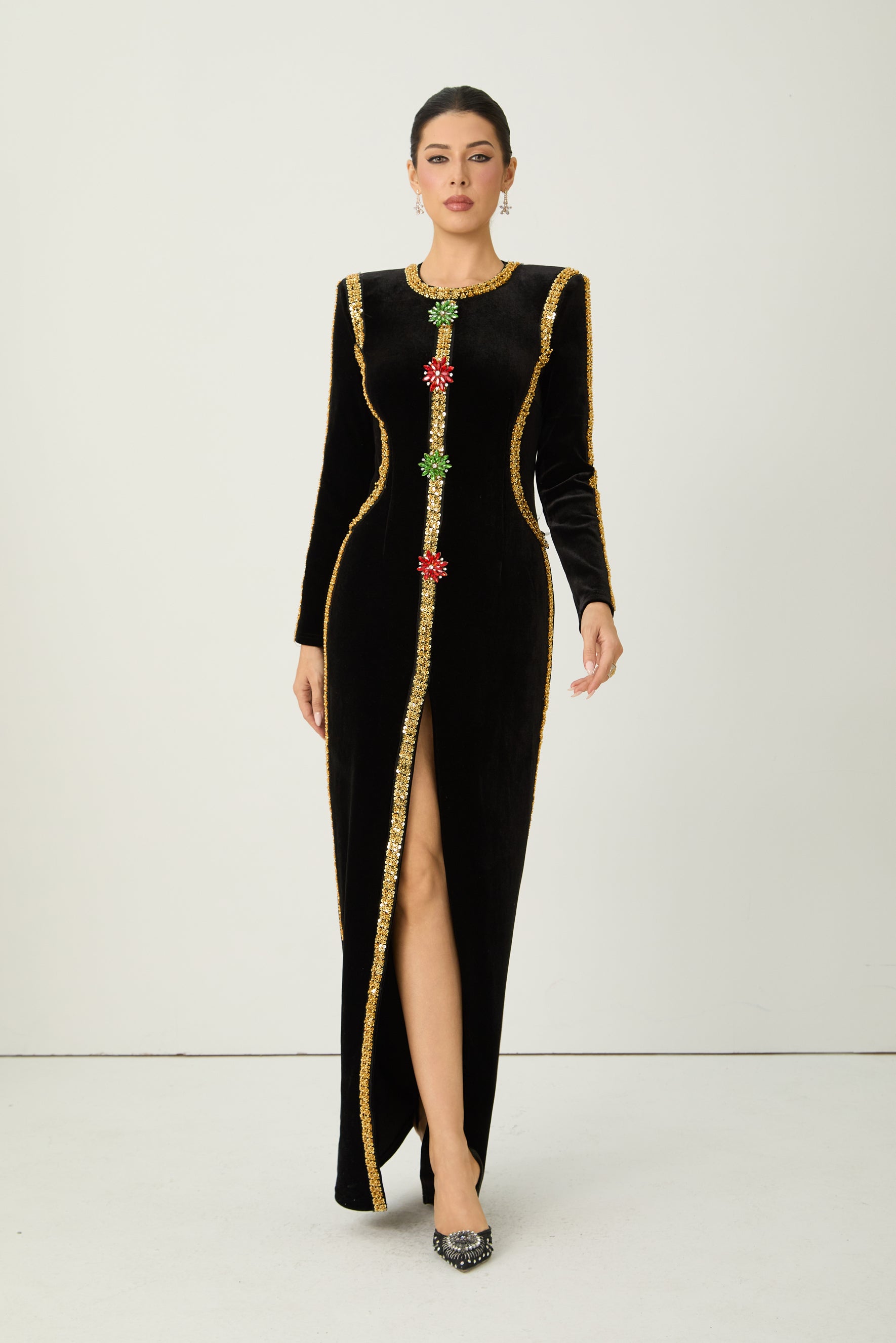 Dramatic Stunner Black Sequin Trim Crystal Brooch Velvet Maxi Dress