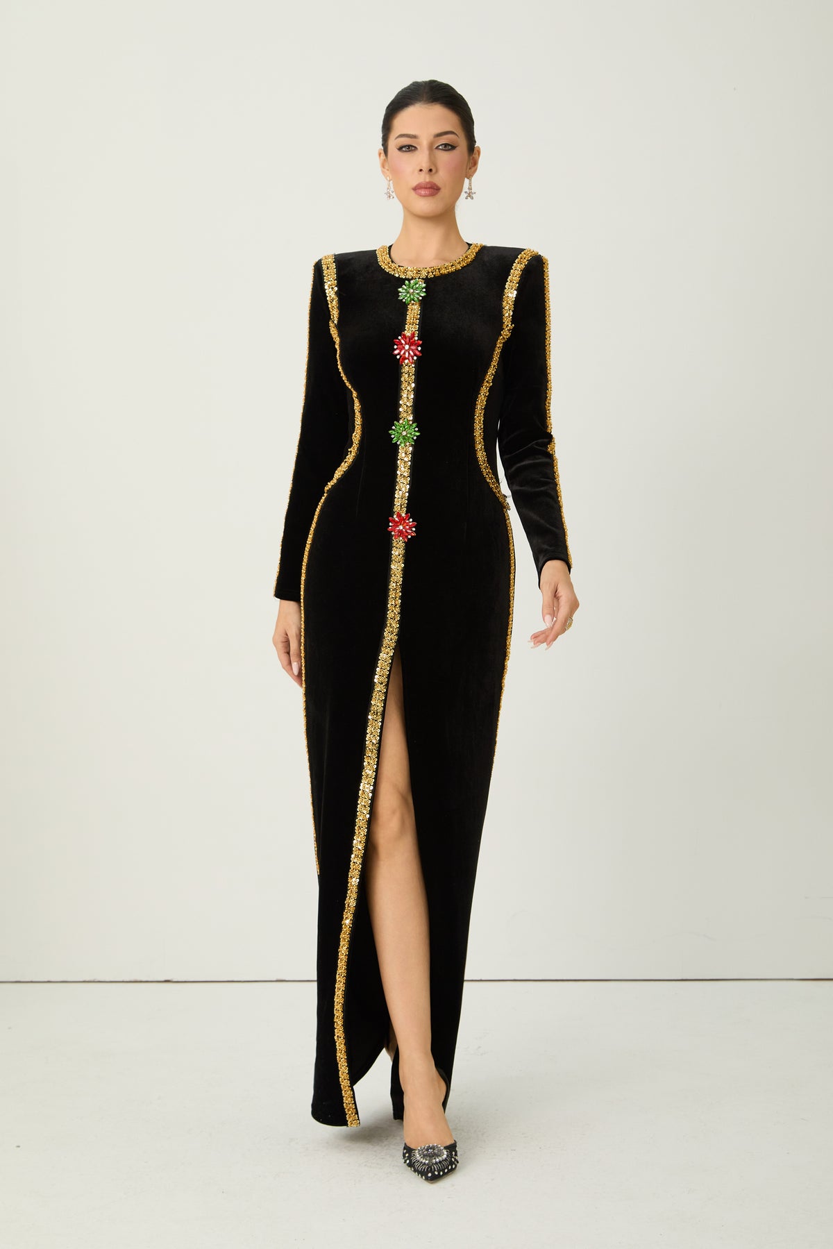 Dramatic Stunner Black Sequin Trim Crystal Brooch Velvet Maxi Dress