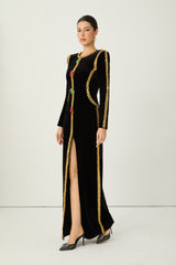 Dramatic Stunner Black Sequin Trim Crystal Brooch Velvet Maxi Dress